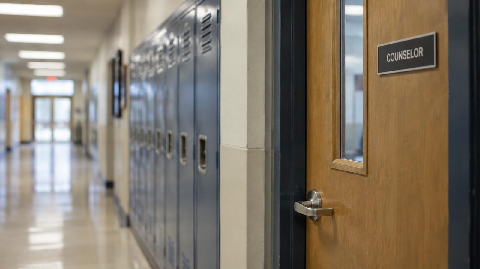 Empty school hallway with lockers and a closed counselor's office door.