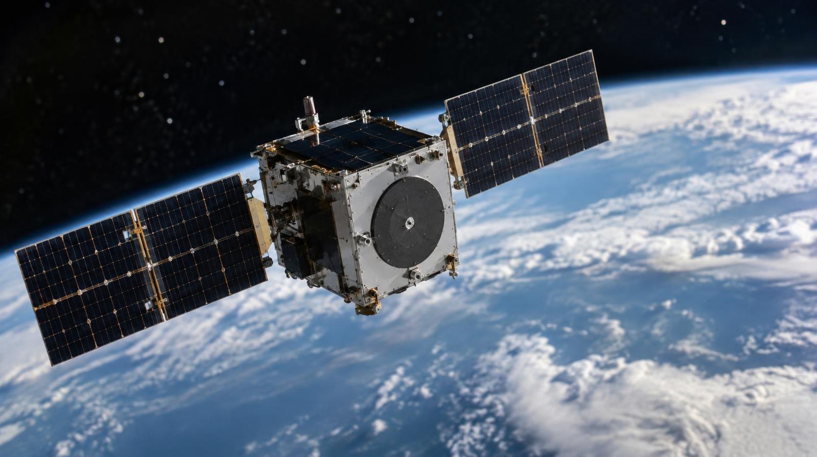 A small satellite with solar panel wings orbits above a curved blue-and-white Earth.