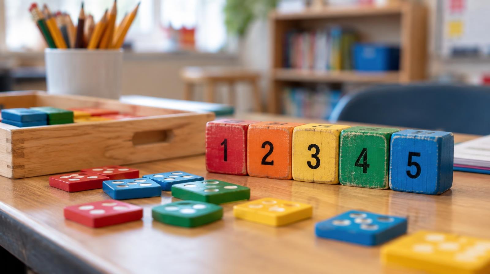 Colorful wooden counting blocks and number tiles arranged on a small desk.