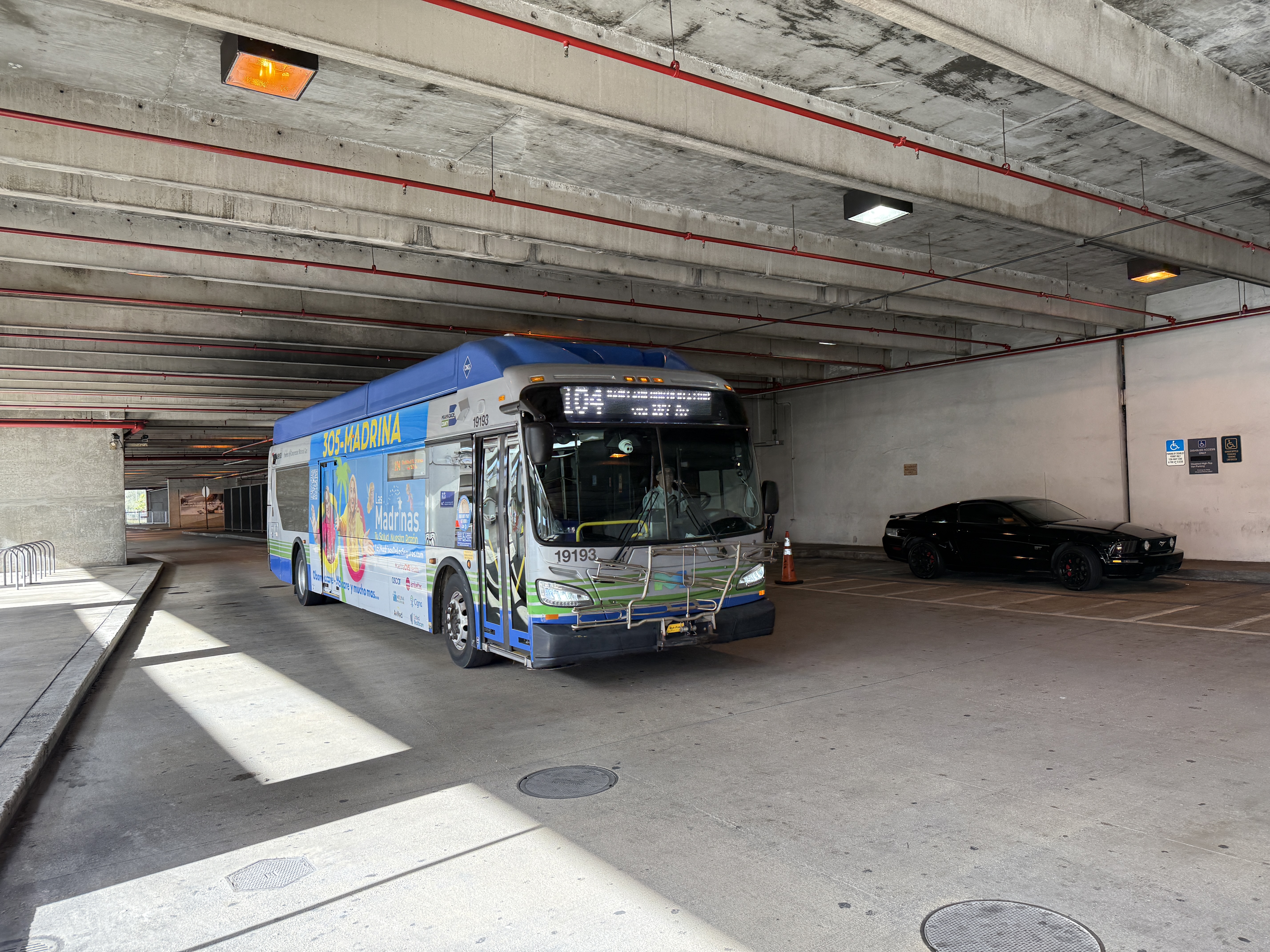 A Miami-Dade Transit Metrobus parked under a covered station canopy.