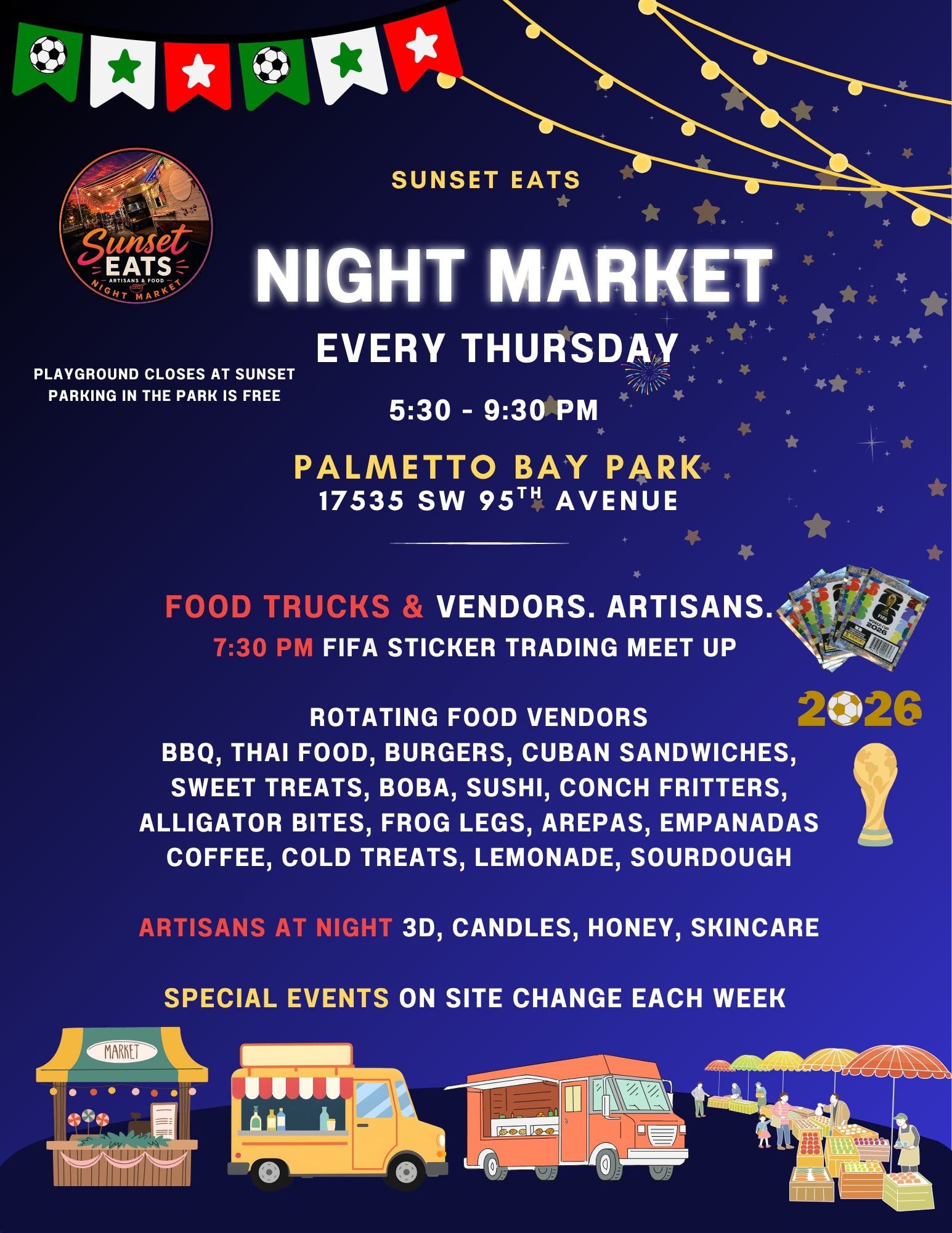 Colorful promotional flyer for the Sunset Eats Night Market with food truck illustrations and event details.