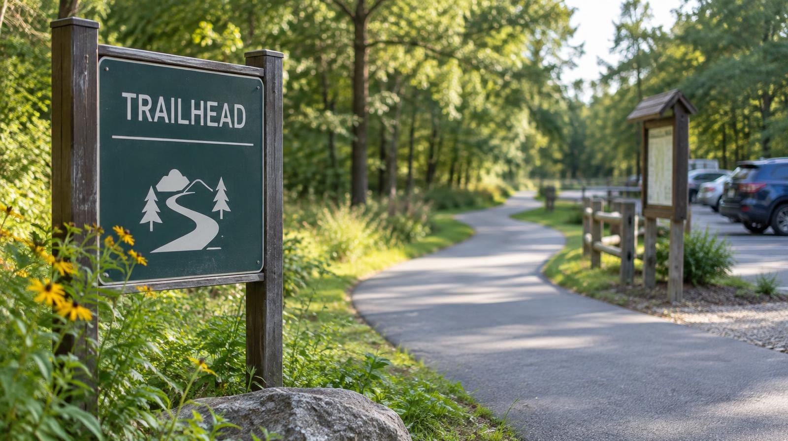 Paved greenway trail winding through a wooded park with a trailhead sign.