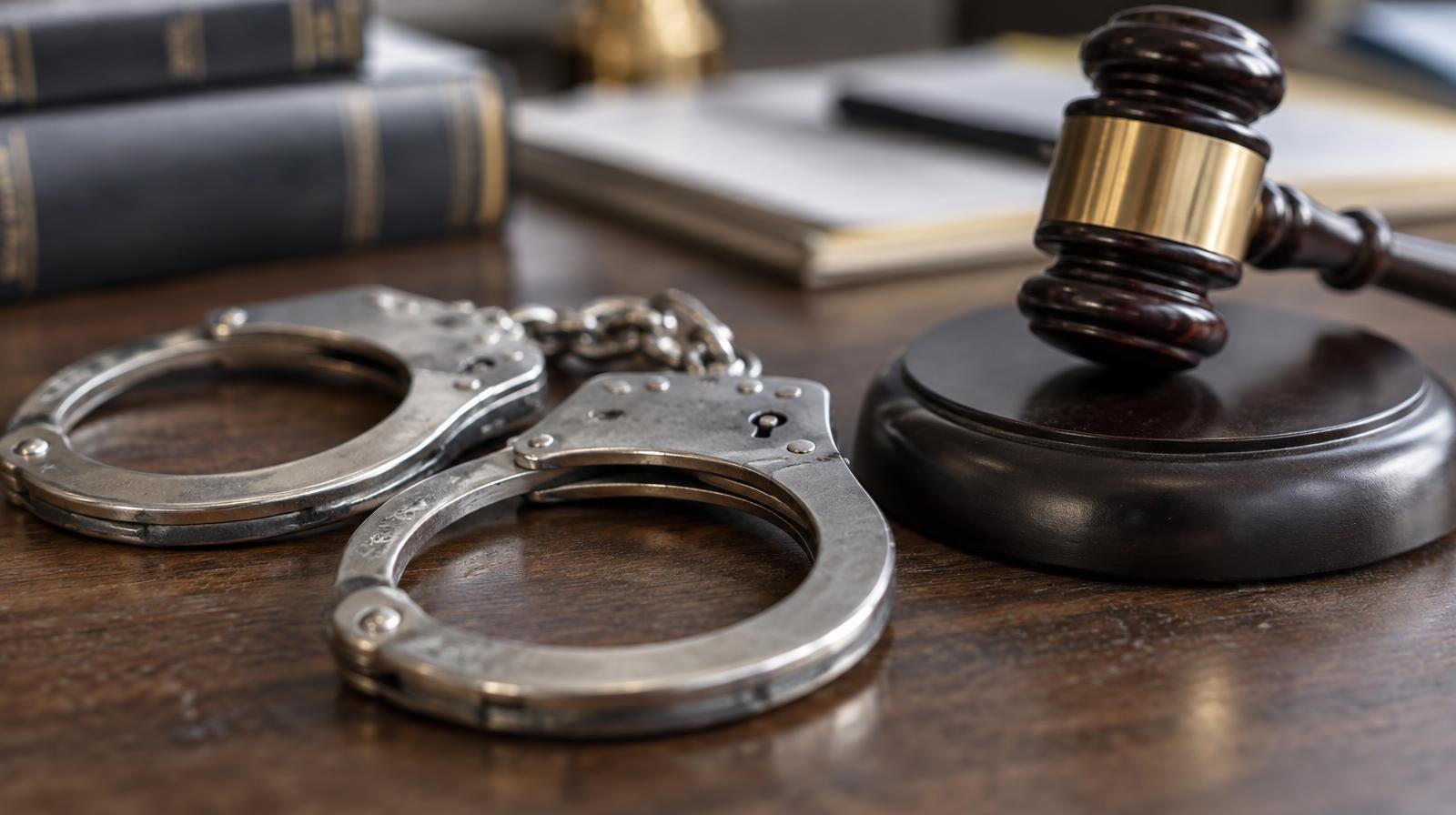 Silver handcuffs resting on a wooden surface beside a small gavel.