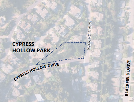 Aerial map showing Cypress Hollow Park outlined with a dashed boundary in a residential neighborhood.