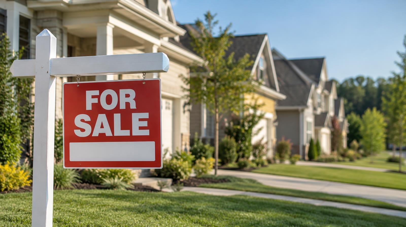A row of new suburban homes with green lawns and a for-sale sign on a sunny street.