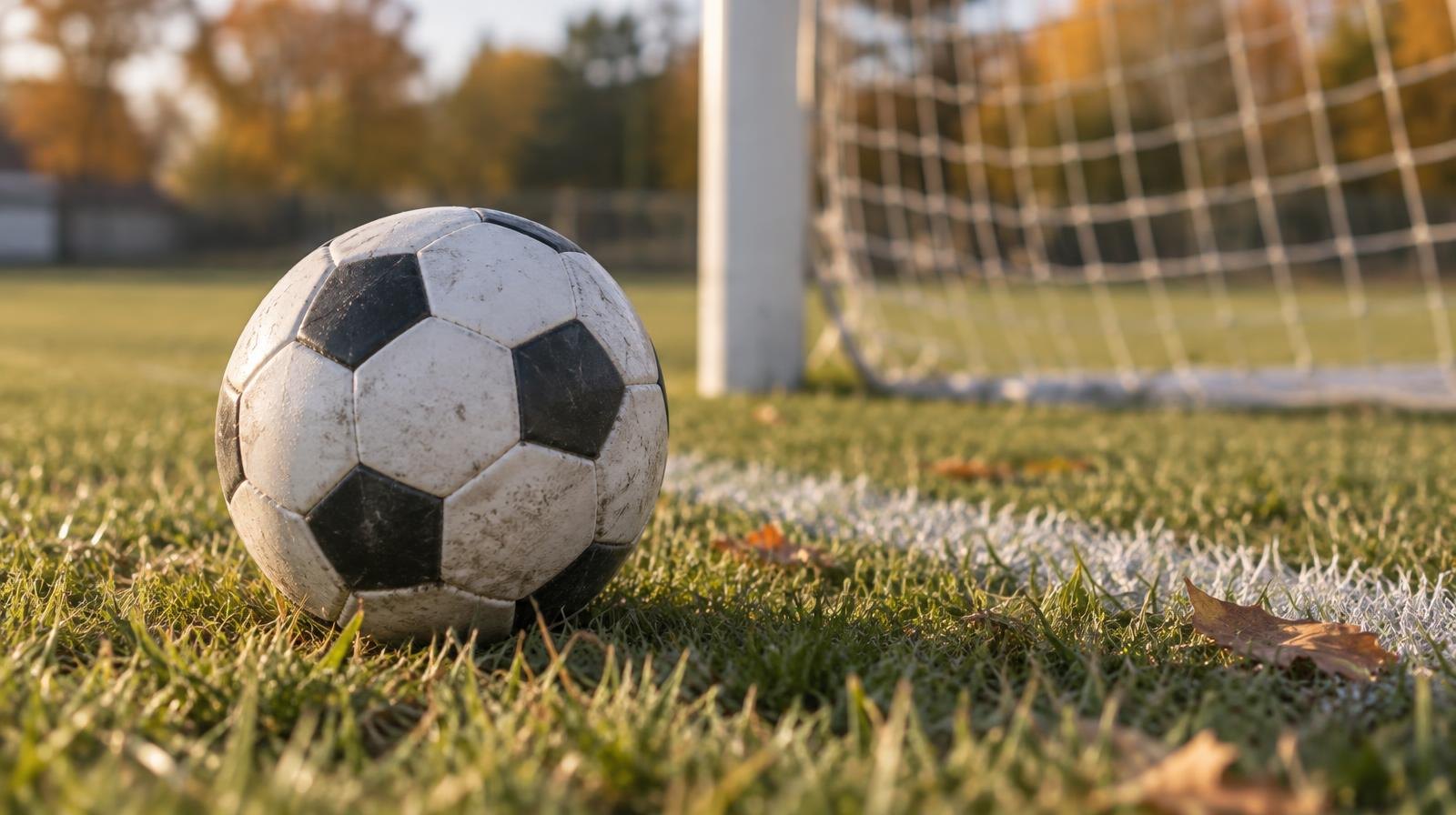 A black-and-white soccer ball on a grass field with a goal net in the background.