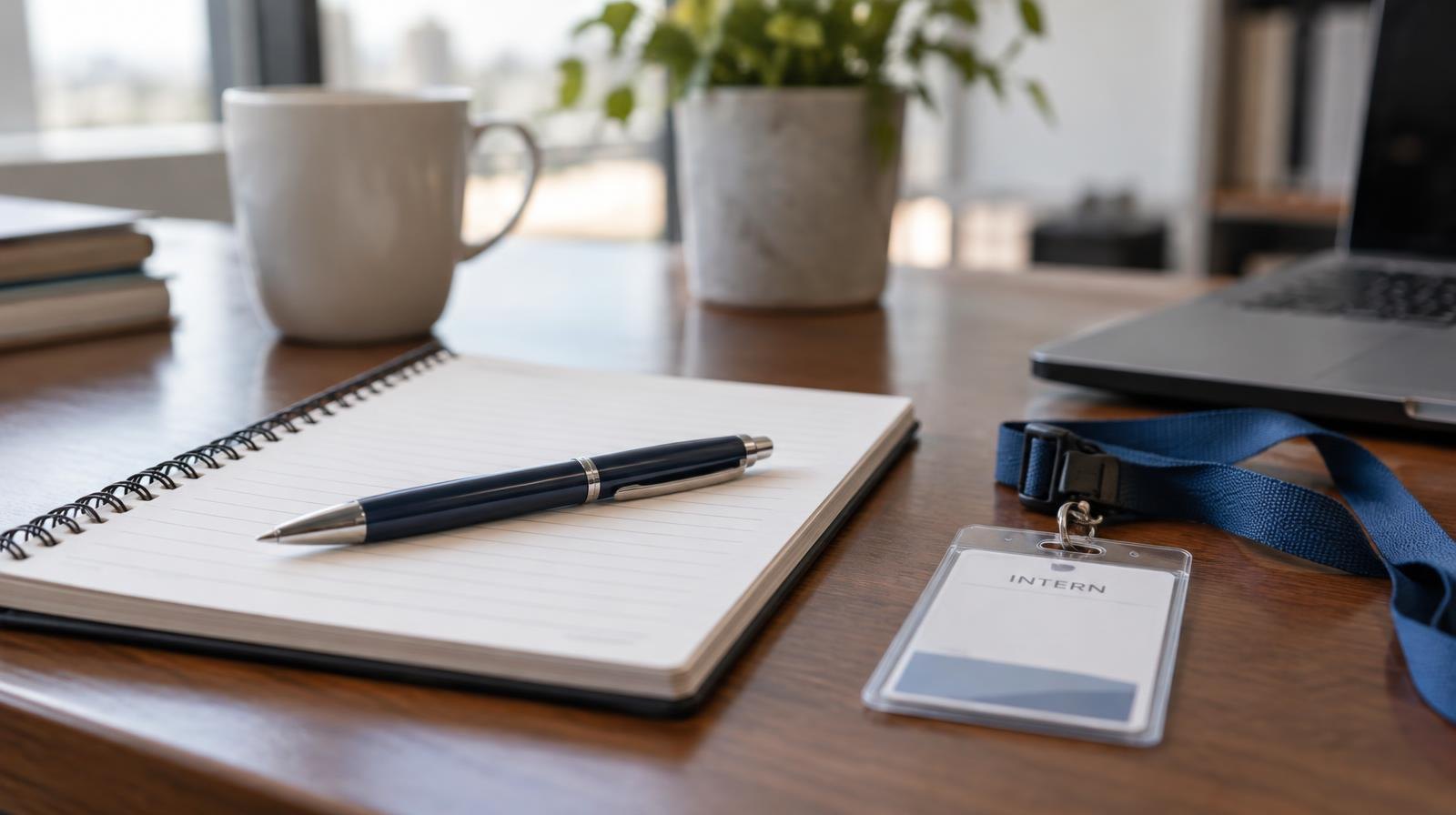 Notebook, pen, and lanyard with ID badge resting on a desk near a window.