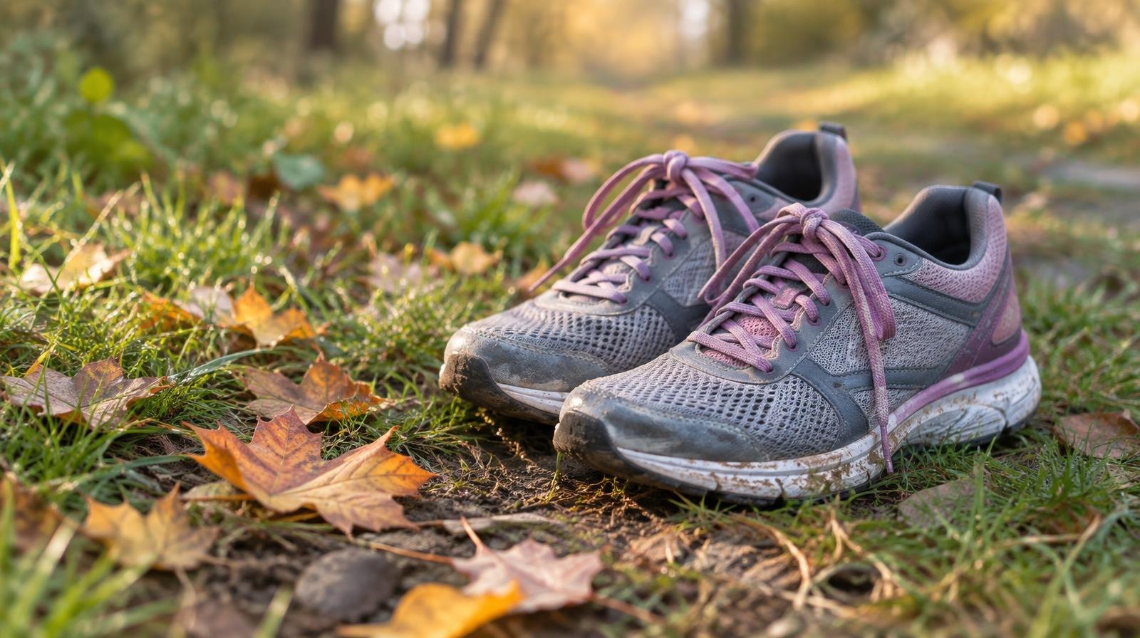 A pair of running shoes on a grassy trail next to fallen autumn leaves.