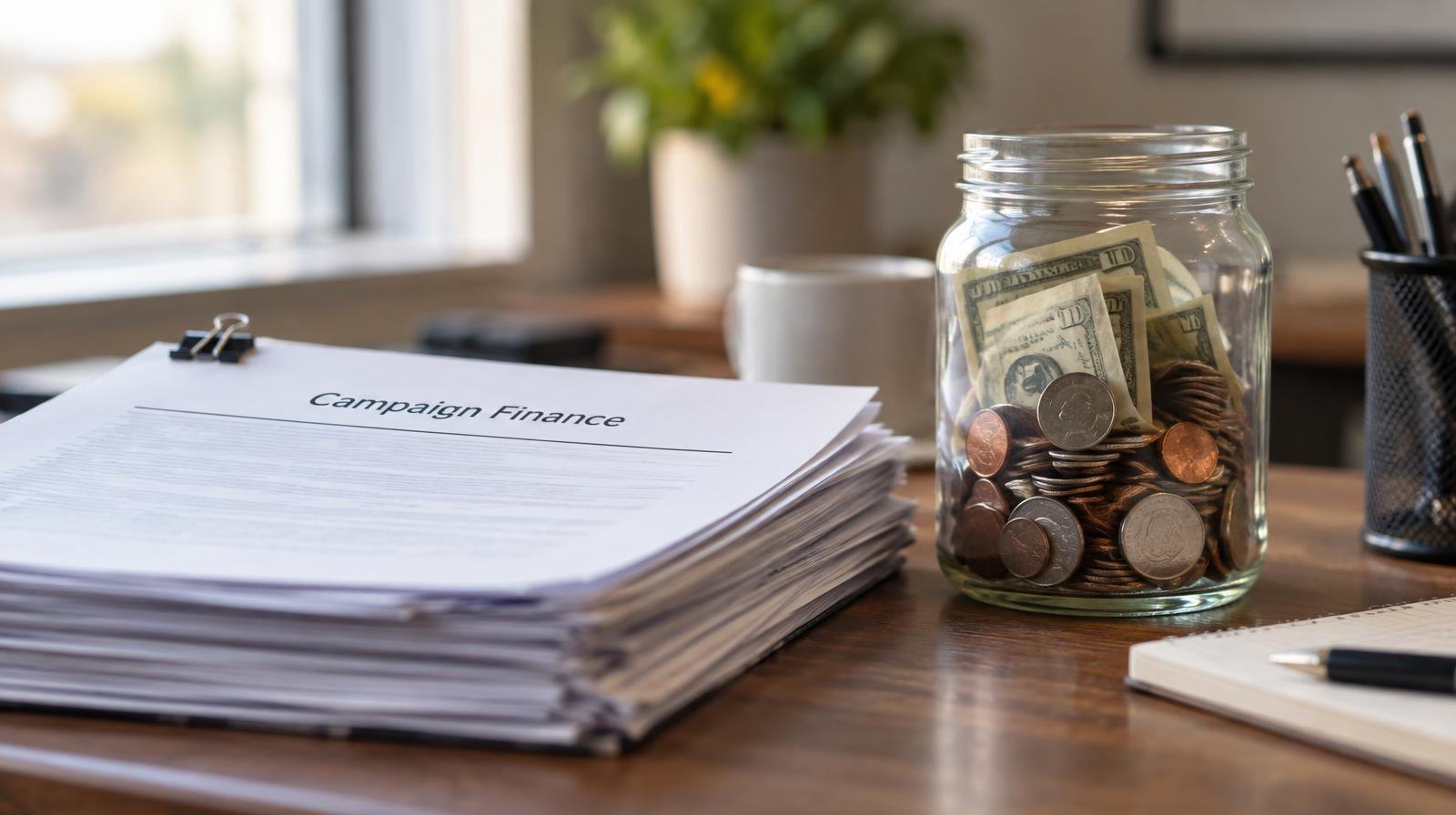 Stack of papers beside a jar of coins and folded bills on a wooden desk.