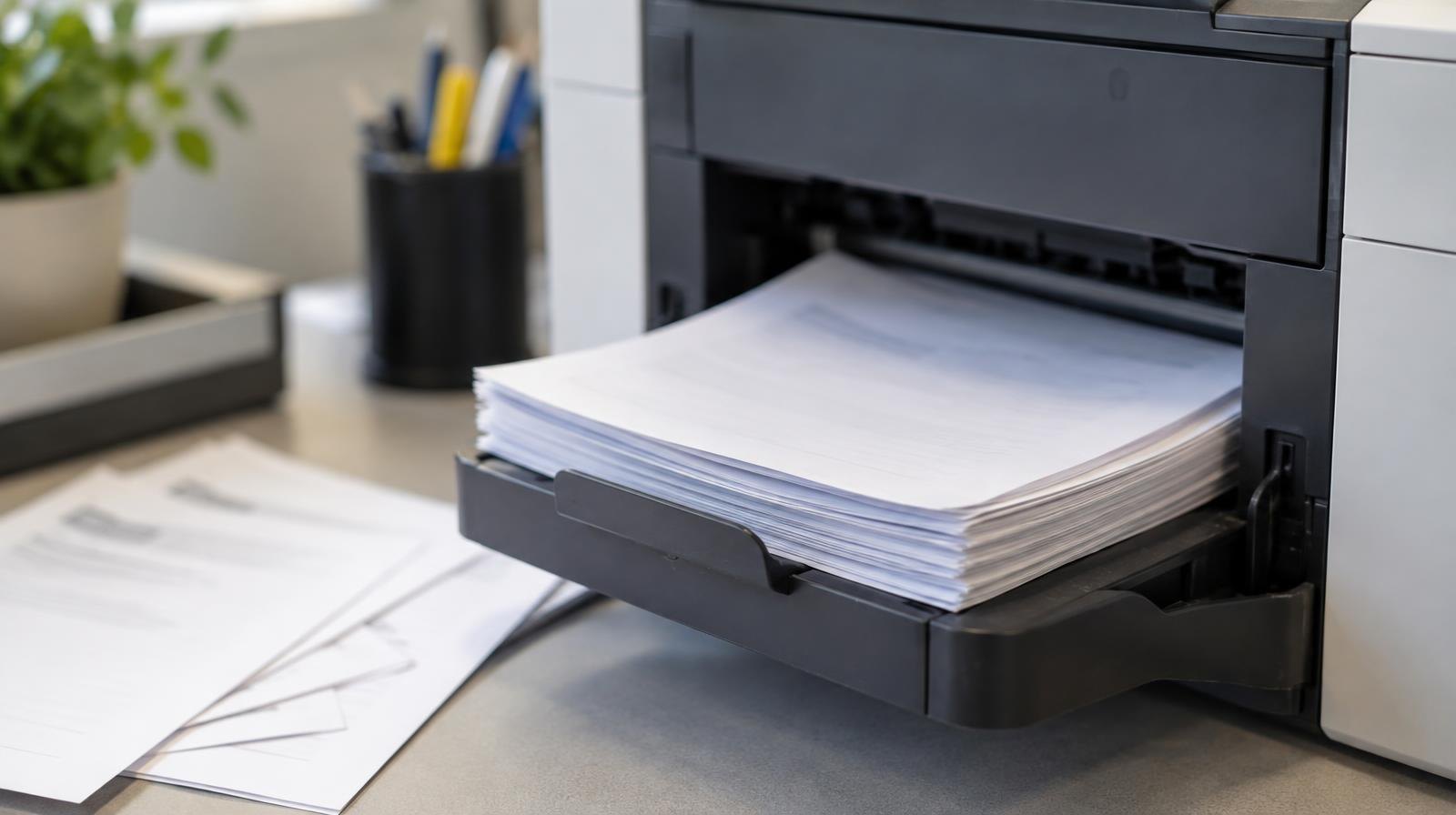 A stack of white printed pages in a printer output tray with loose sheets fanned out beside it.