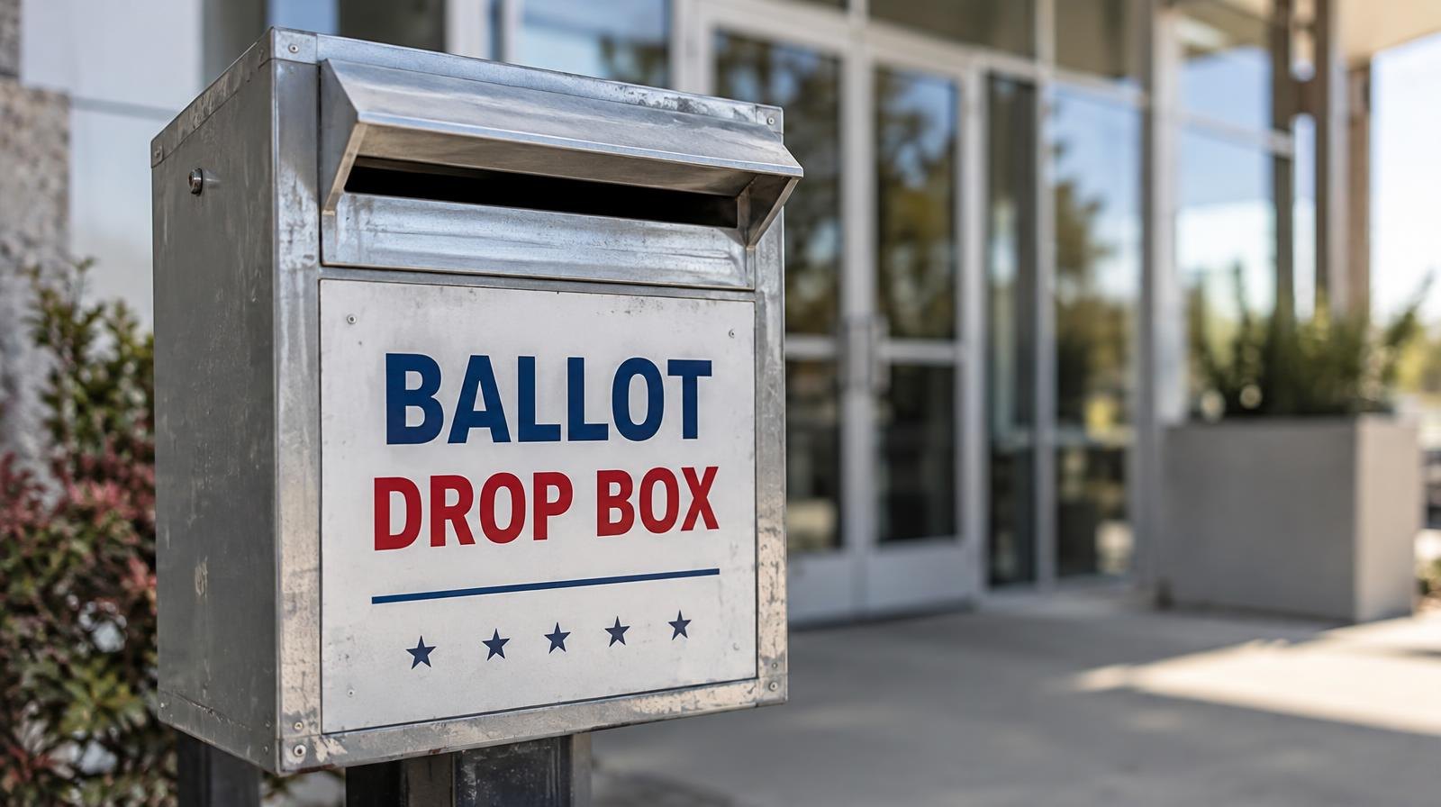 A metal ballot drop box with a slot at the top, mounted outside a building.