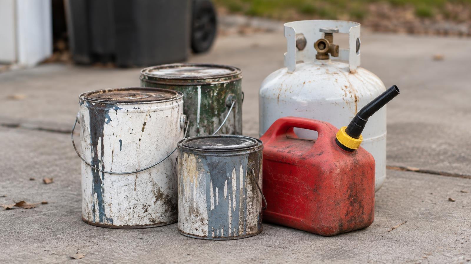 Old paint cans, a red gasoline container, and a small propane cylinder on concrete.