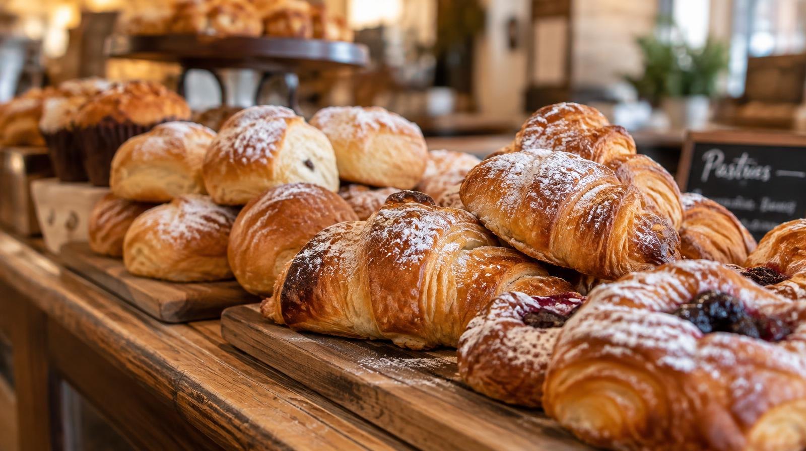Powdered-sugar-dusted bread rolls and pastries arranged on a wooden bakery counter.