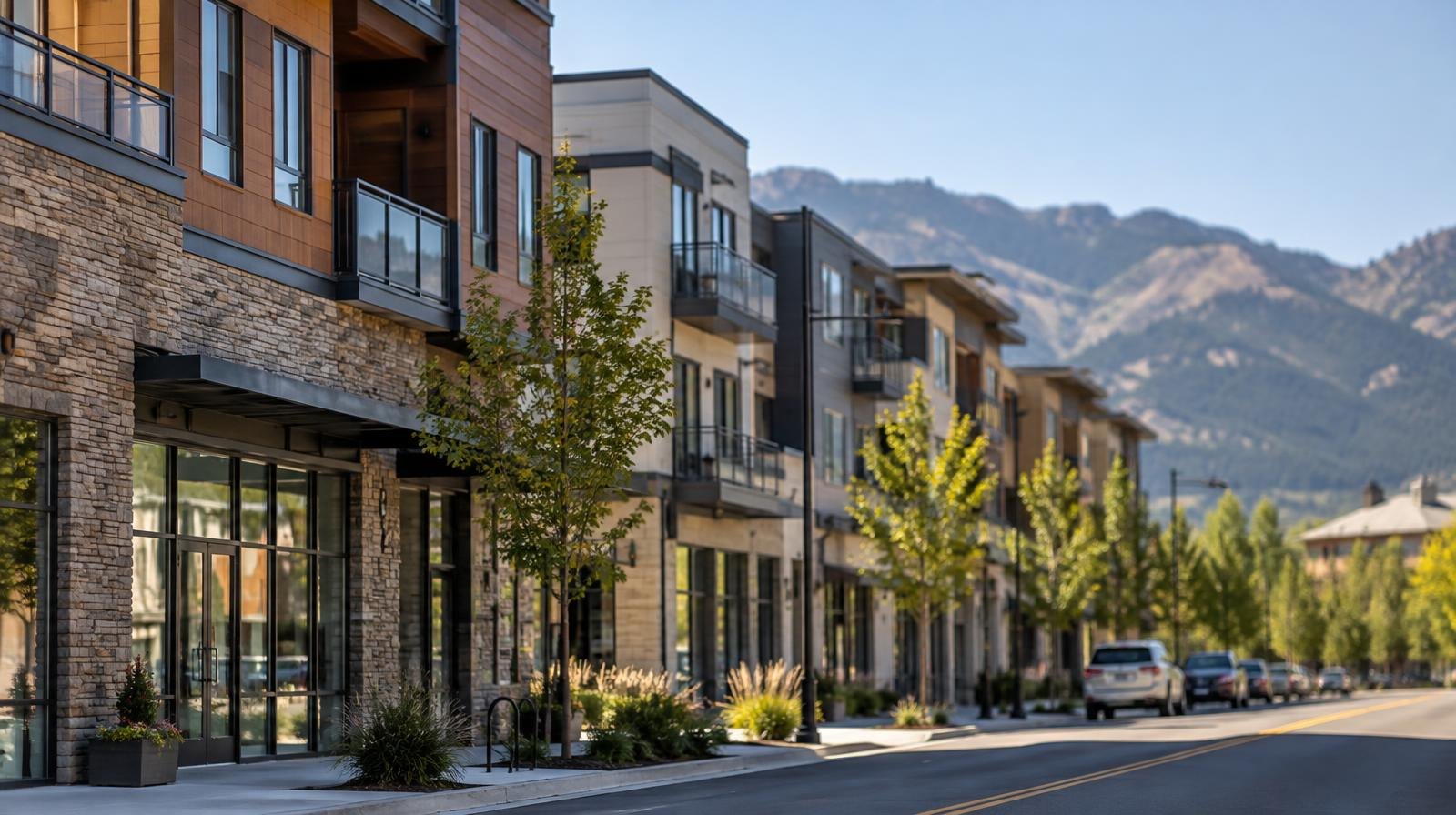 Row of modern four-story mixed-use apartment buildings against a mountain ridgeline.