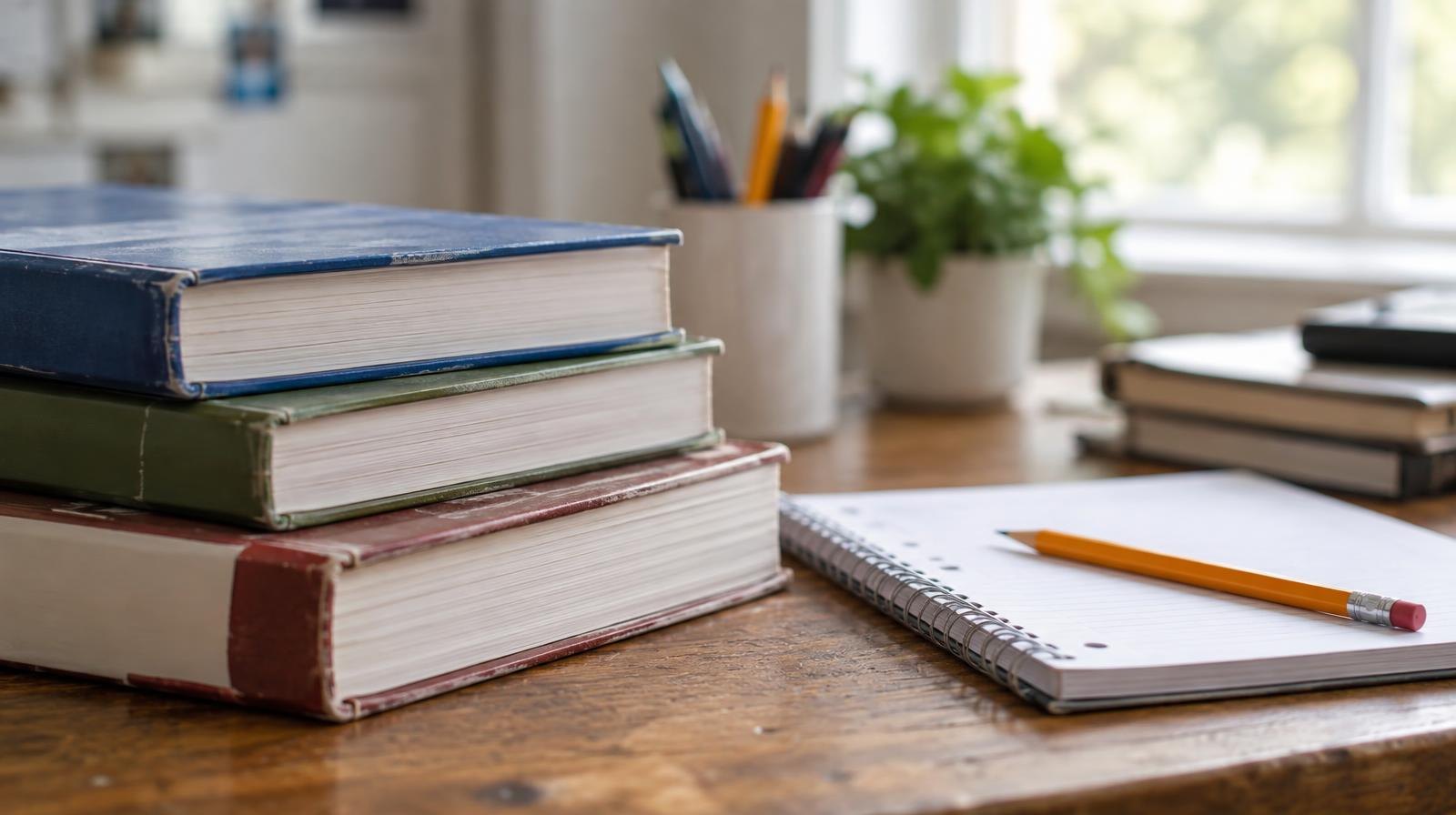 Stack of textbooks and a spiral notebook on a wooden desk beside a pencil.
