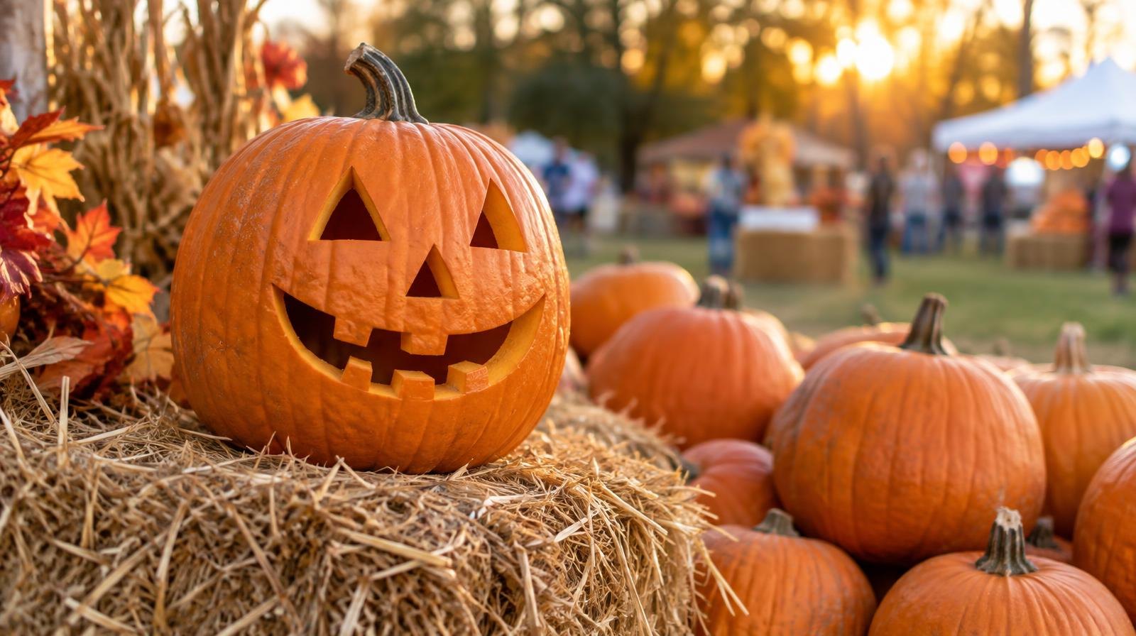 A carved jack-o'-lantern on a hay bale beside a pile of orange pumpkins.