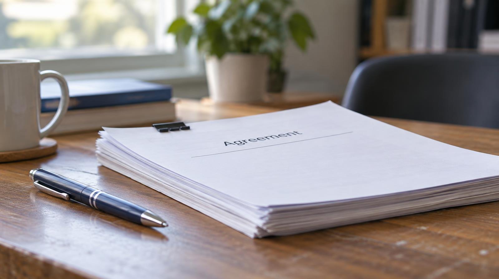 A pen beside a stack of papers on a wooden desk in soft natural light.