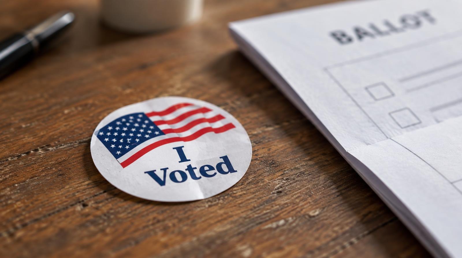 An I Voted sticker resting on a wooden surface beside a folded ballot.