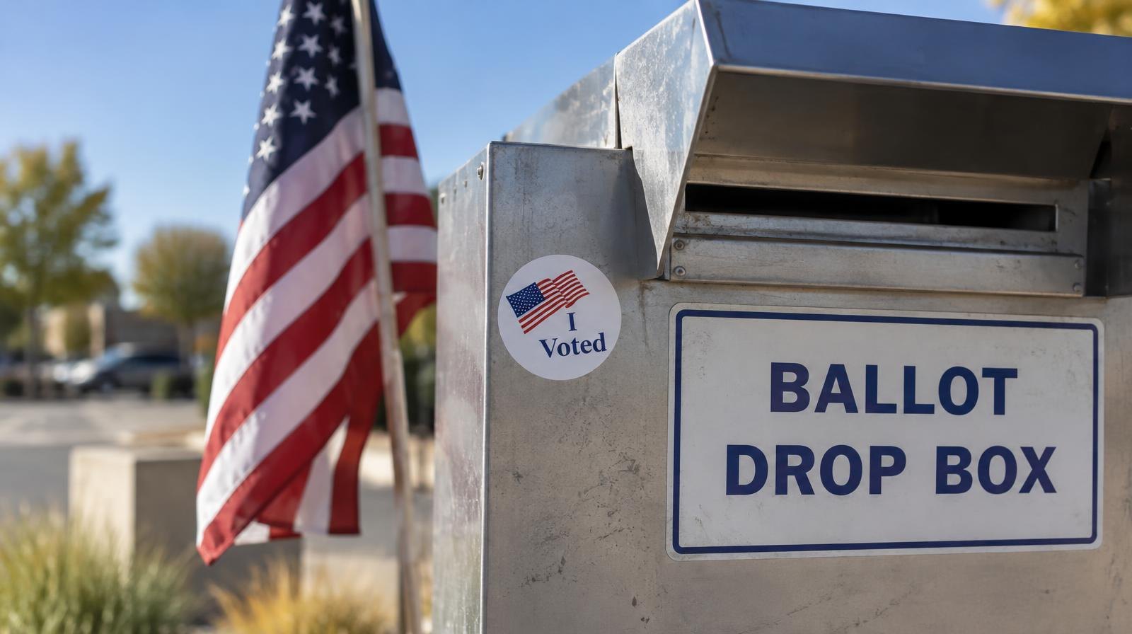A ballot drop box with an I Voted sticker beside a small American flag outdoors.