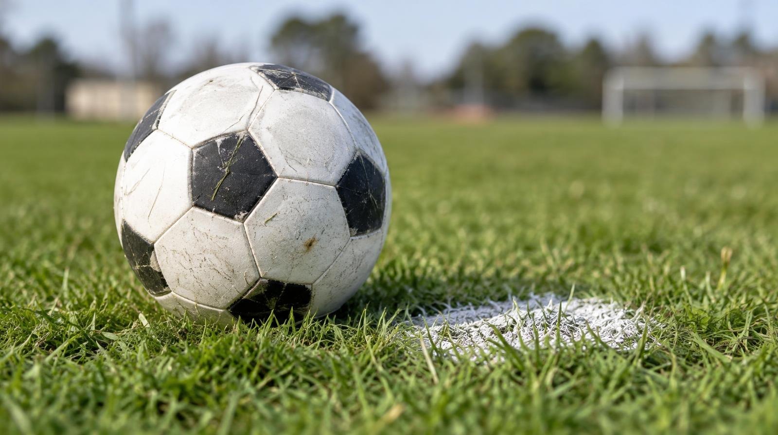 A white soccer ball resting on green grass near a painted white penalty spot.