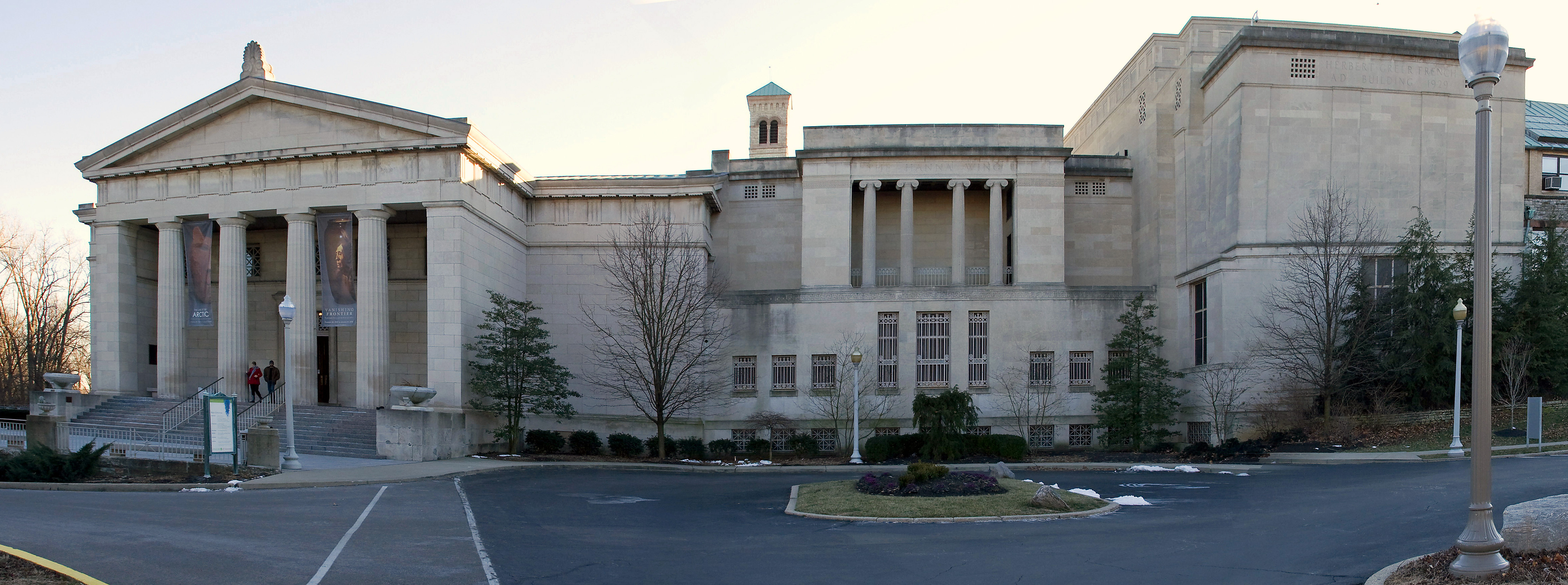 Wide exterior view of the Cincinnati Art Museum's neoclassical stone facade with columns.