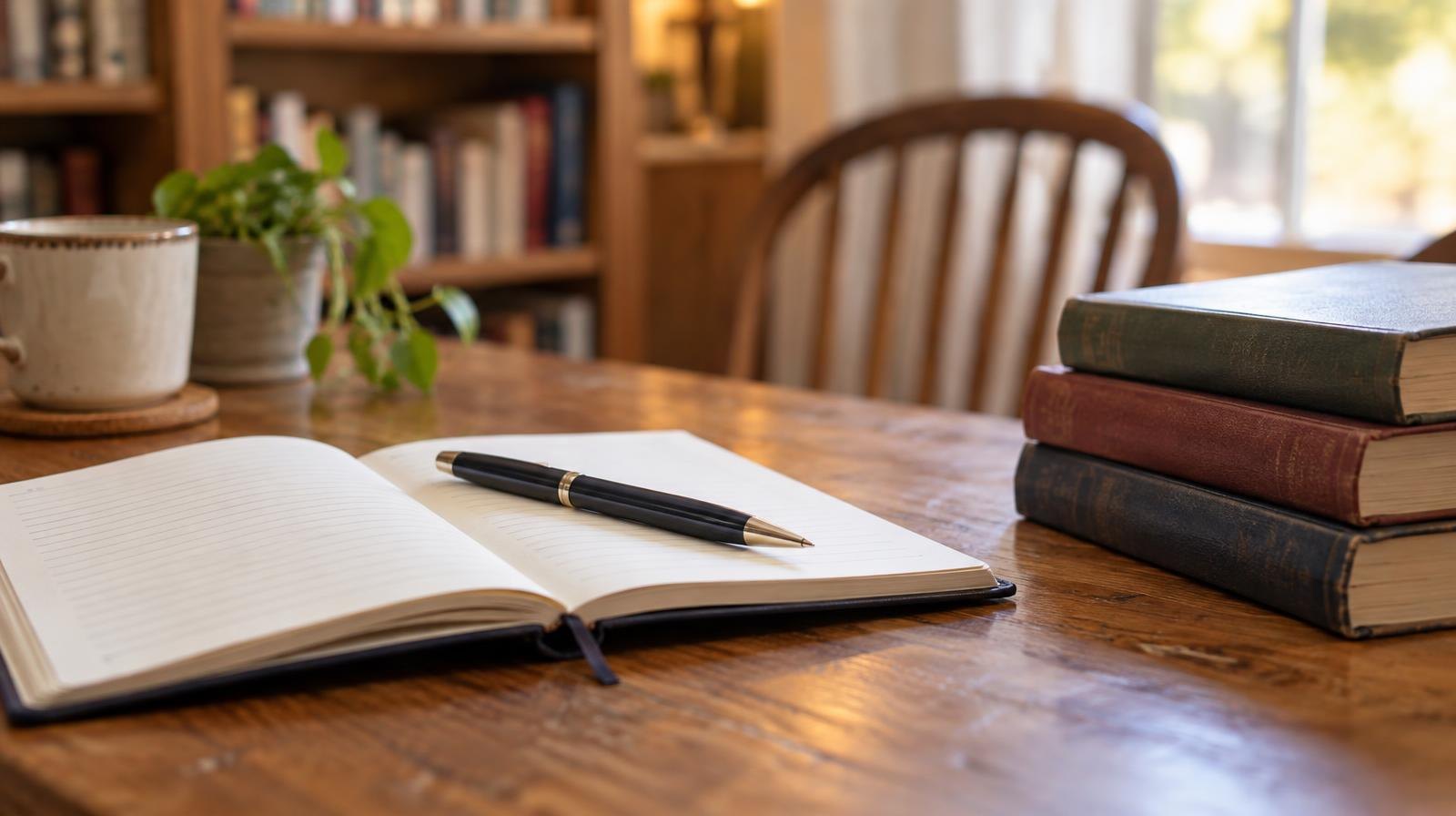 Open notebook with a pen resting on it next to a small stack of books on a wooden table.