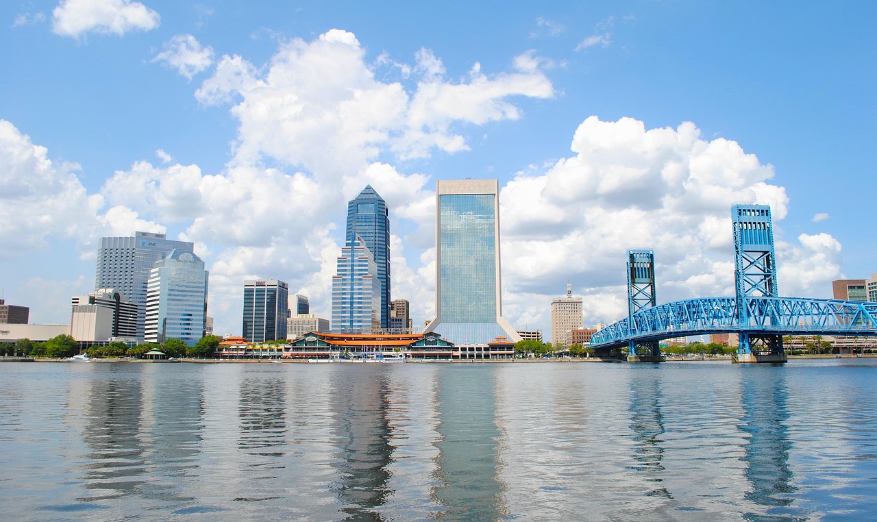 Jacksonville, florida, nature, bay, harbor, water, reflections, skyscrapers, buildings, architecture, urban, sky, clouds