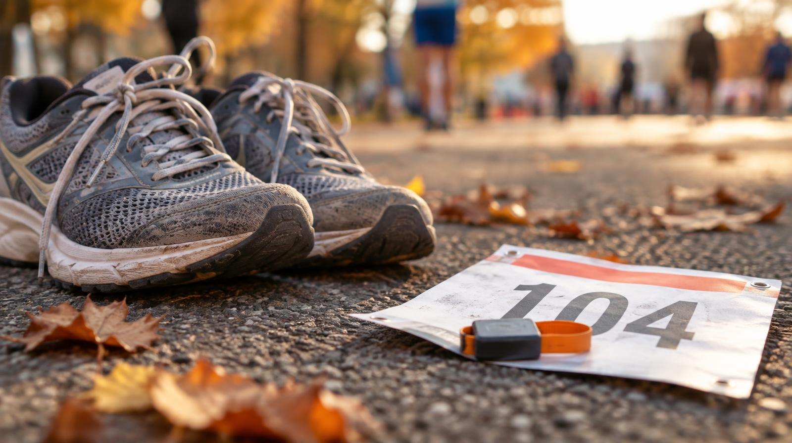 Running shoes and a timing chip race bib on a paved road in morning light.