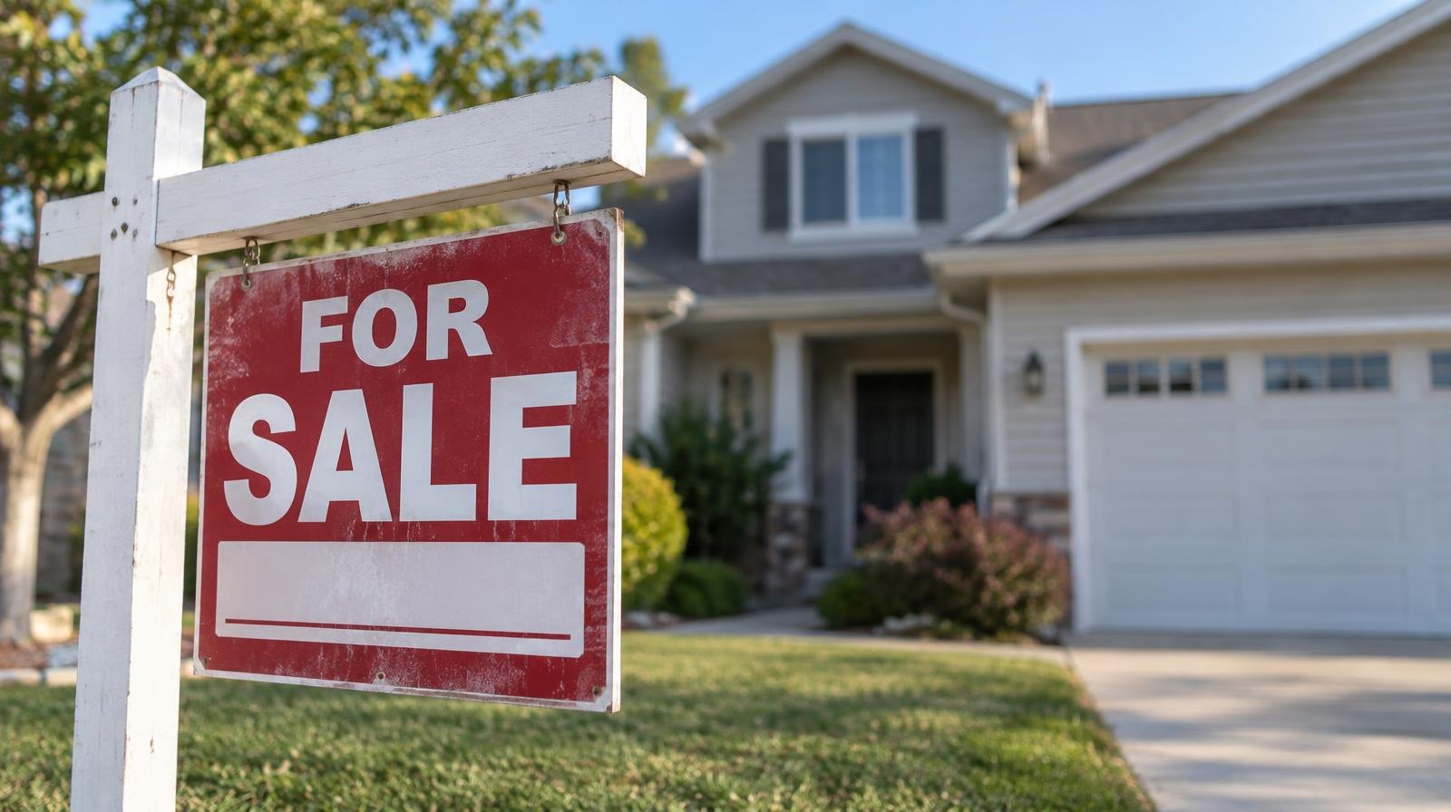 A for-sale sign in the front lawn of a suburban house with a two-car garage.