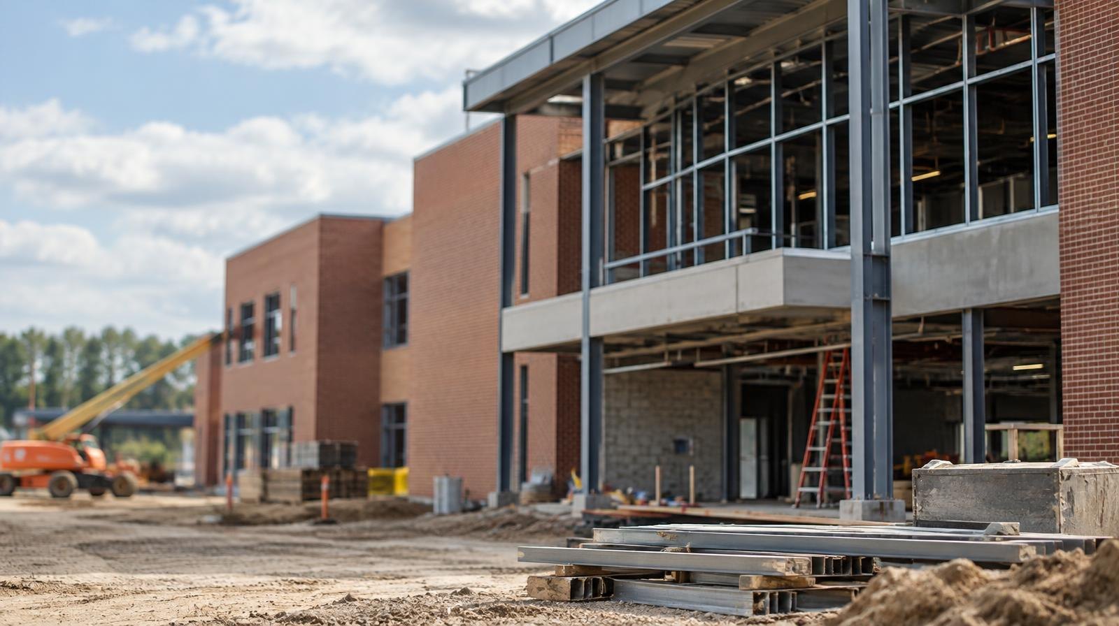 A large modern school building under construction with steel framing and brick walls partially complete.