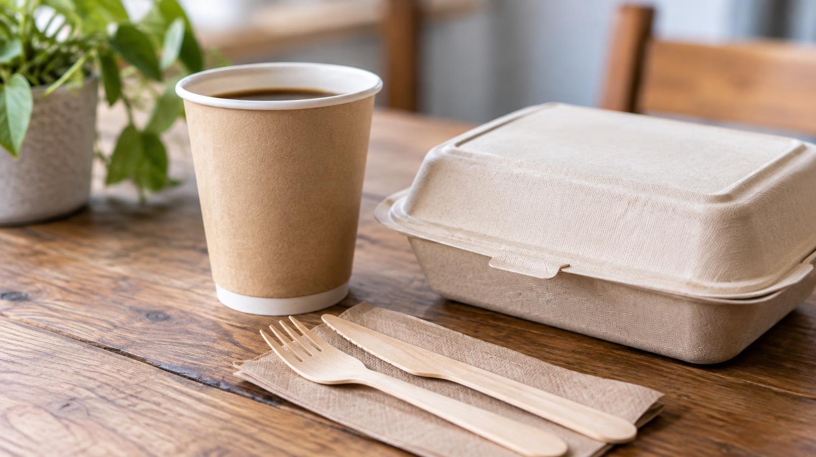 Paper cup, wooden utensils, and plant-fiber takeout container on a wooden surface.