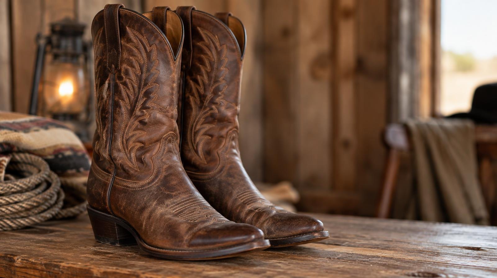Two leather cowboy boots with decorative stitching displayed on a wooden surface.