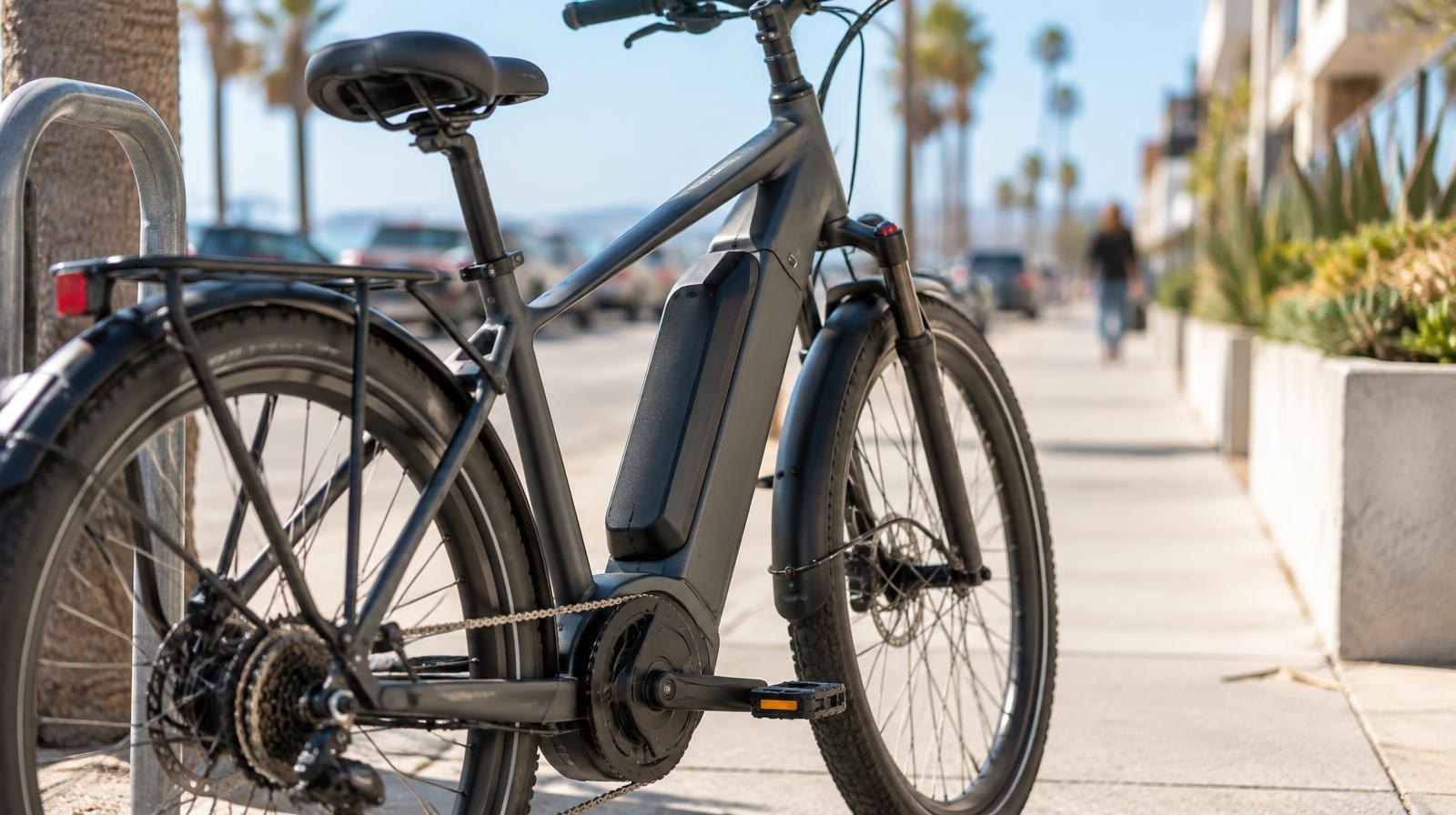 A modern electric bicycle parked on a sunny urban sidewalk.