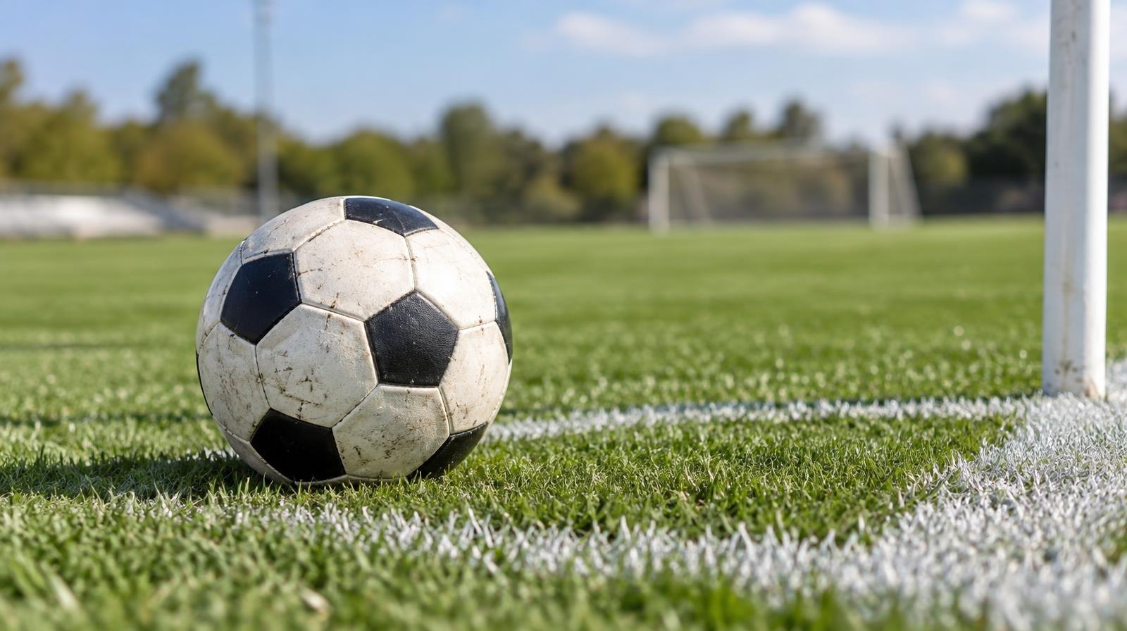 A black-and-white soccer ball resting on a green grass field near a corner arc.