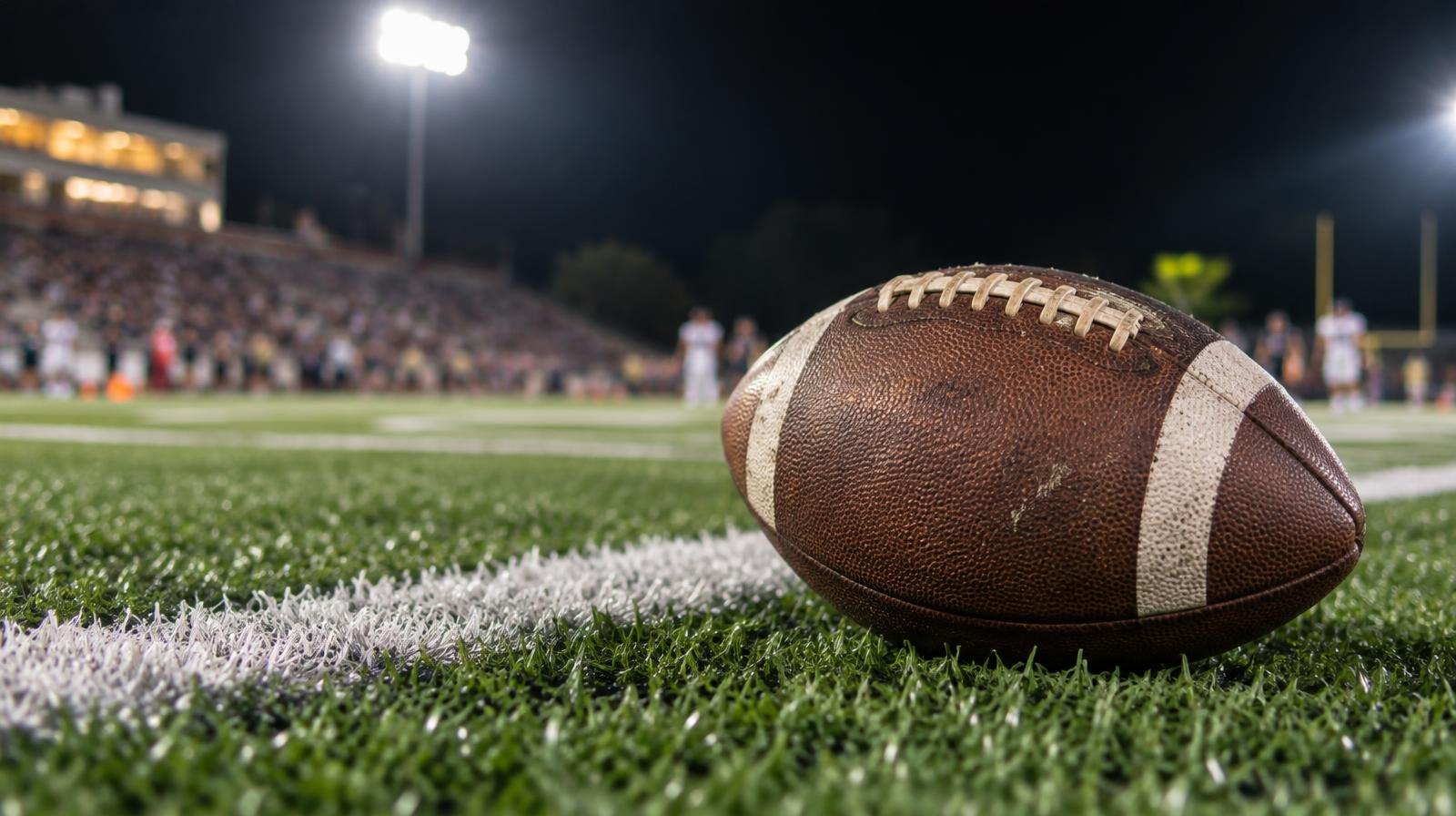 An American football resting on green artificial turf beside a white yard line.
