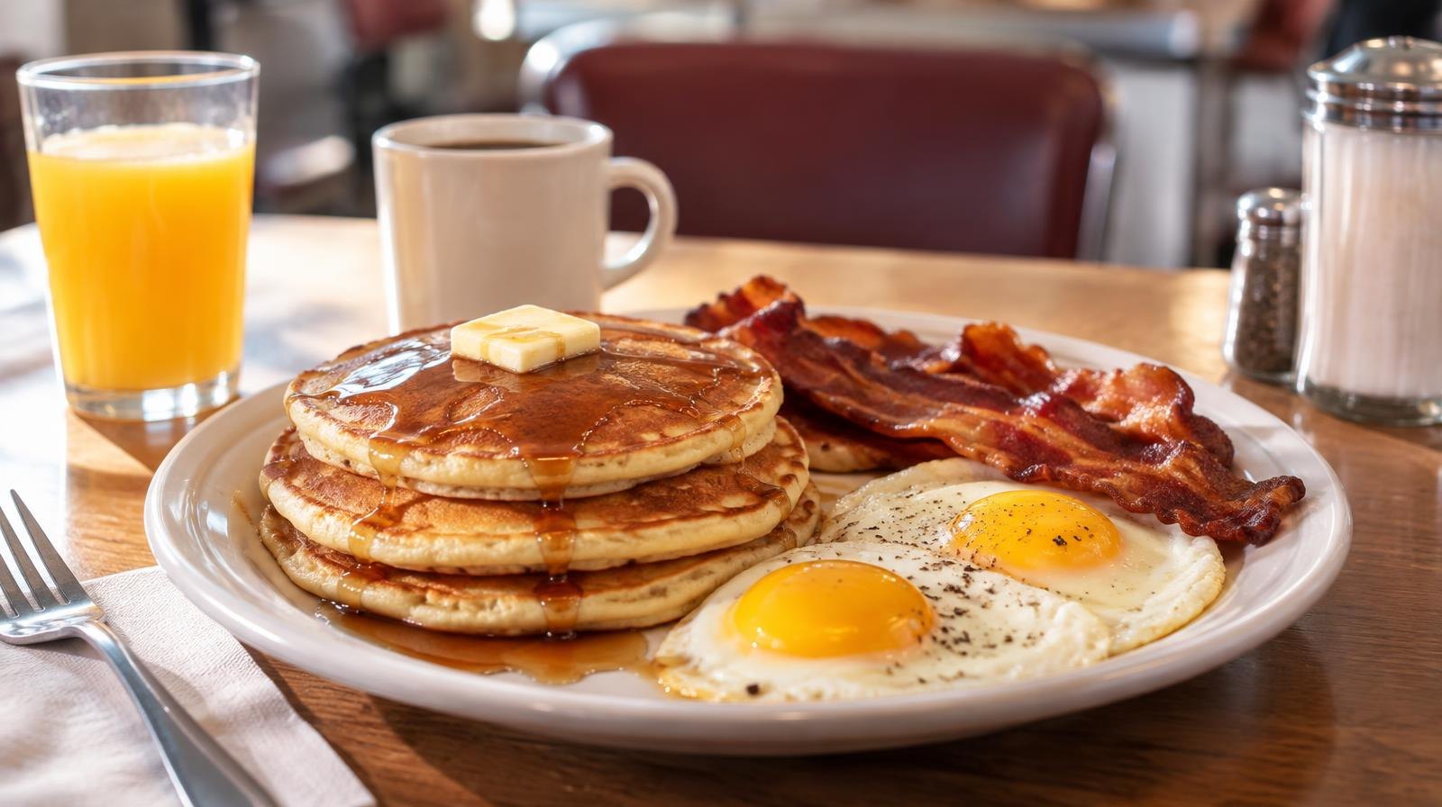 Stack of pancakes, fried eggs, bacon strips and orange juice on a diner table.