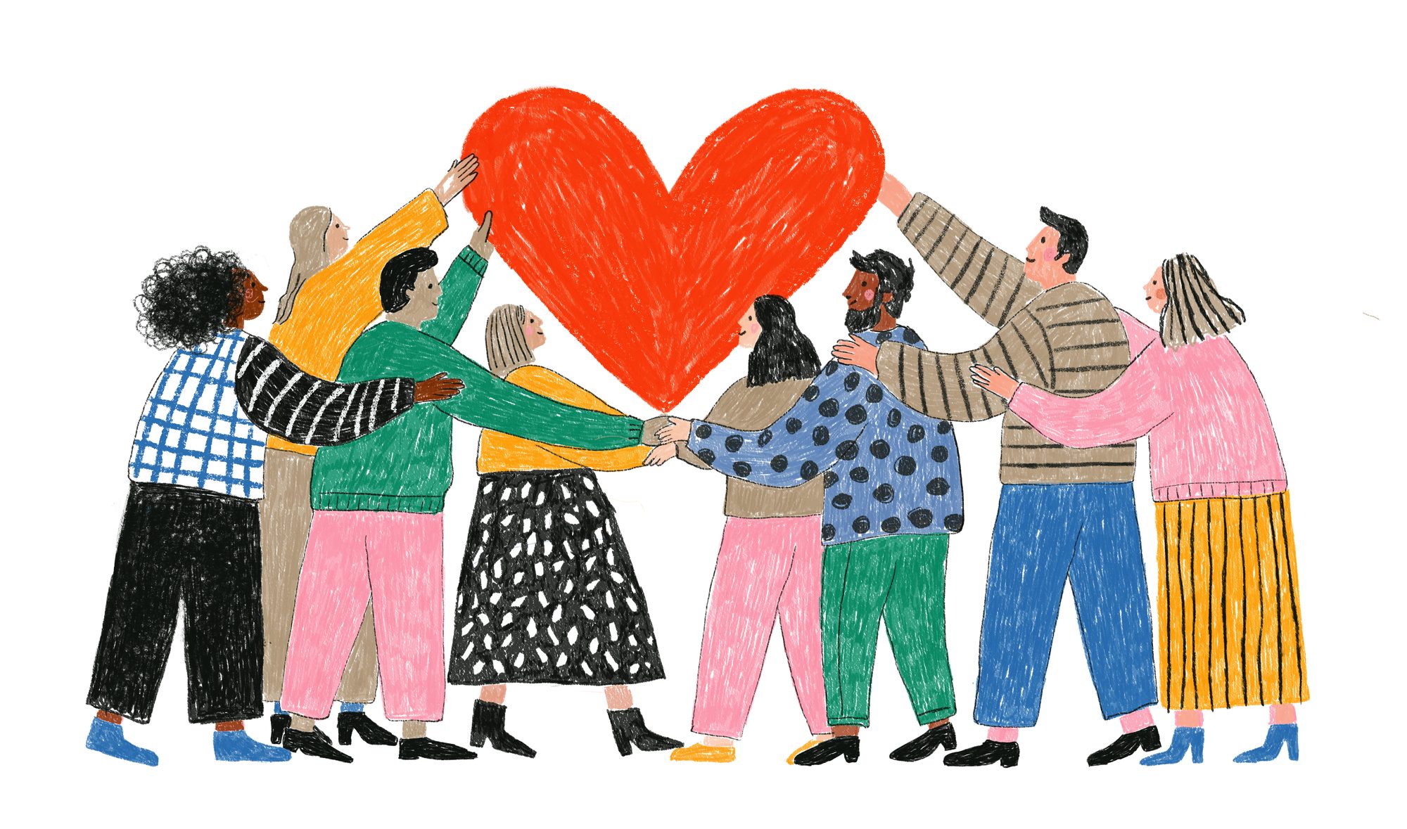 Diverse Group of People Holding Hands Around a Red Heart Gratitude Illustration