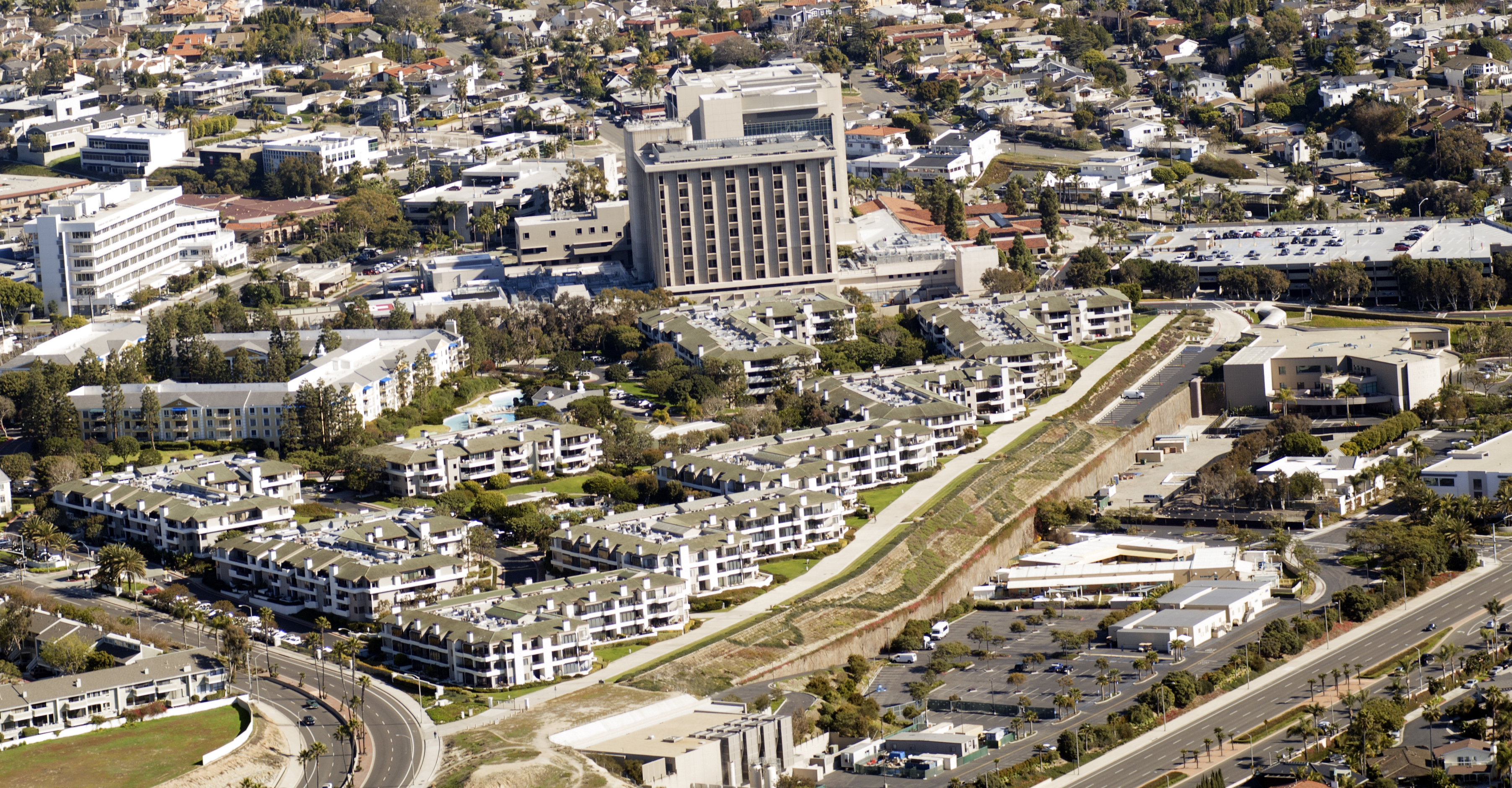 Aerial view of Hoag Memorial Hospital Presbyterian campus surrounded by residential buildings in Newport Beach.
