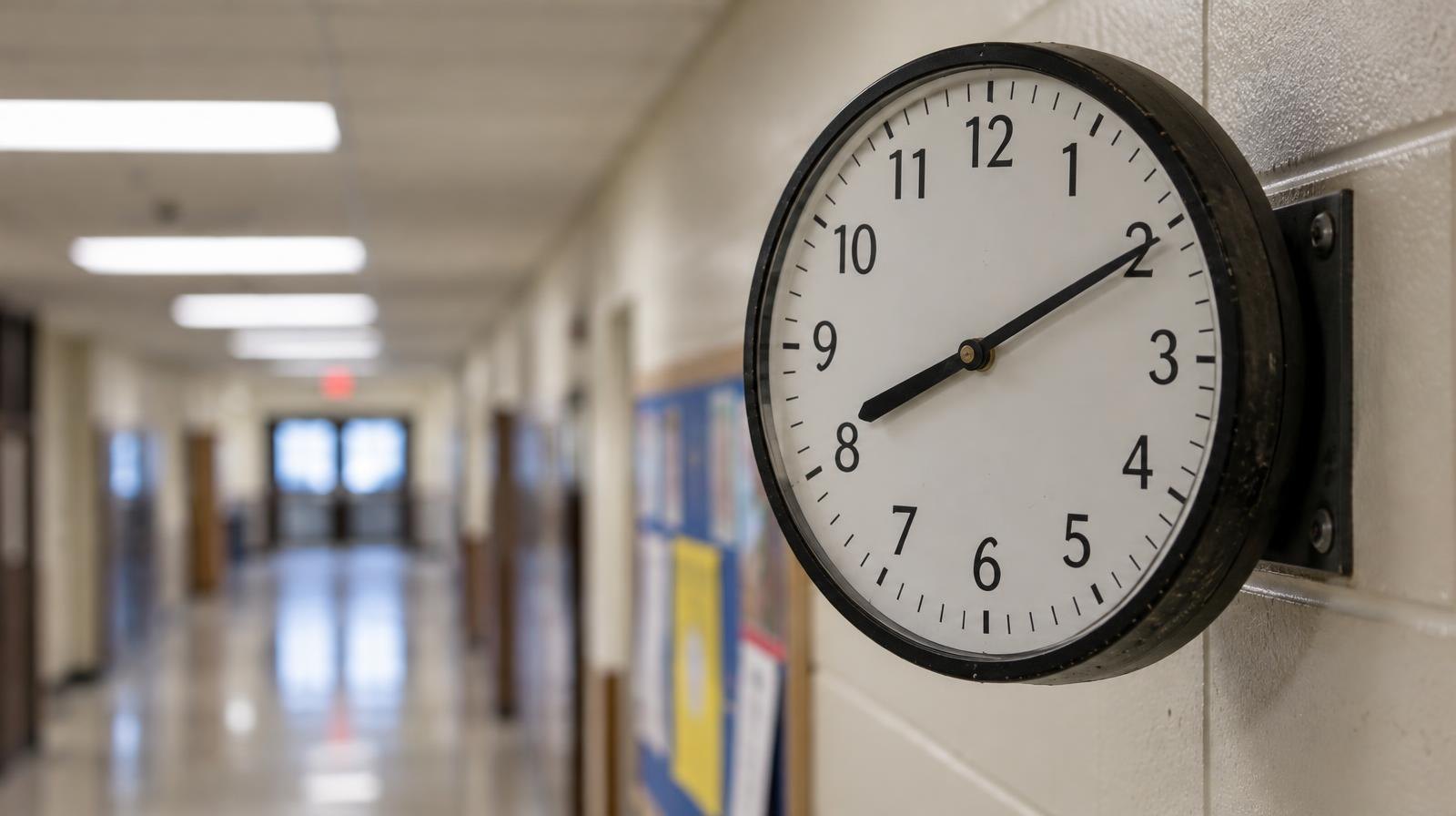 Large analog clock mounted on a school hallway wall showing a morning time.