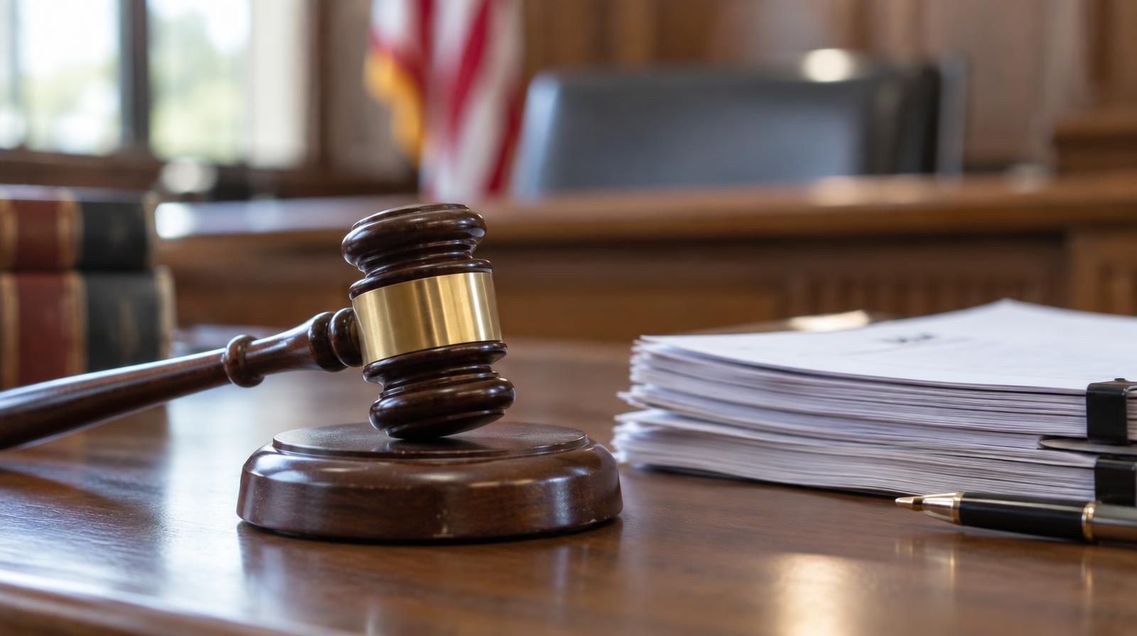 A wooden gavel resting on its sound block next to a stack of papers on a desk.