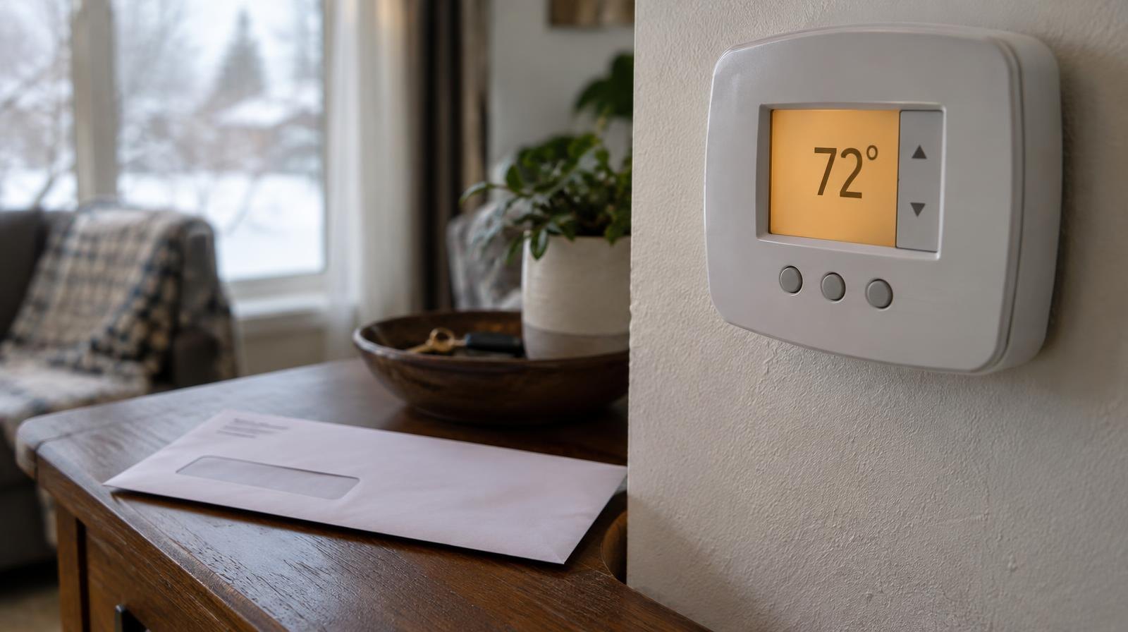 A wall-mounted thermostat beside a utility bill envelope on a table.