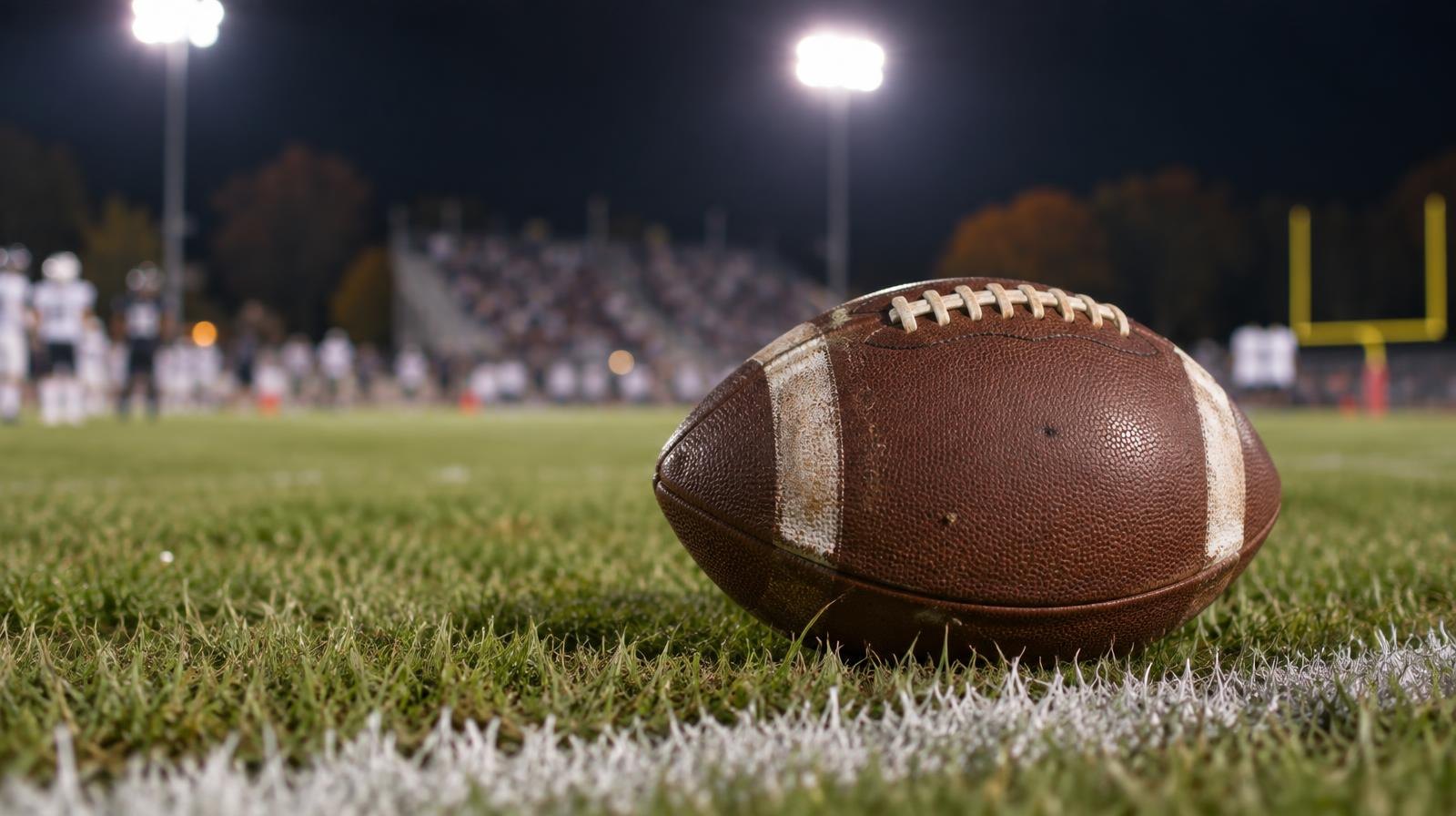 An American football resting on green grass beside a white painted yard line at night.