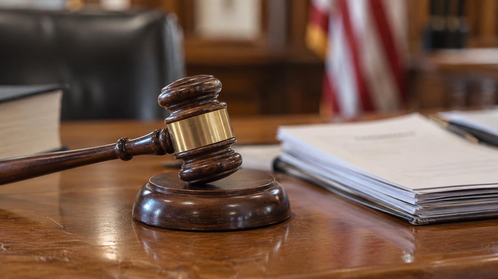 Wooden gavel resting on its sound block on a desk.