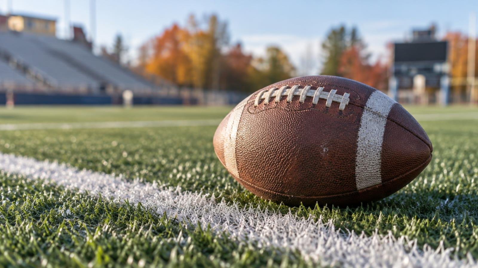 An American football resting on green artificial turf beside a white yard line.