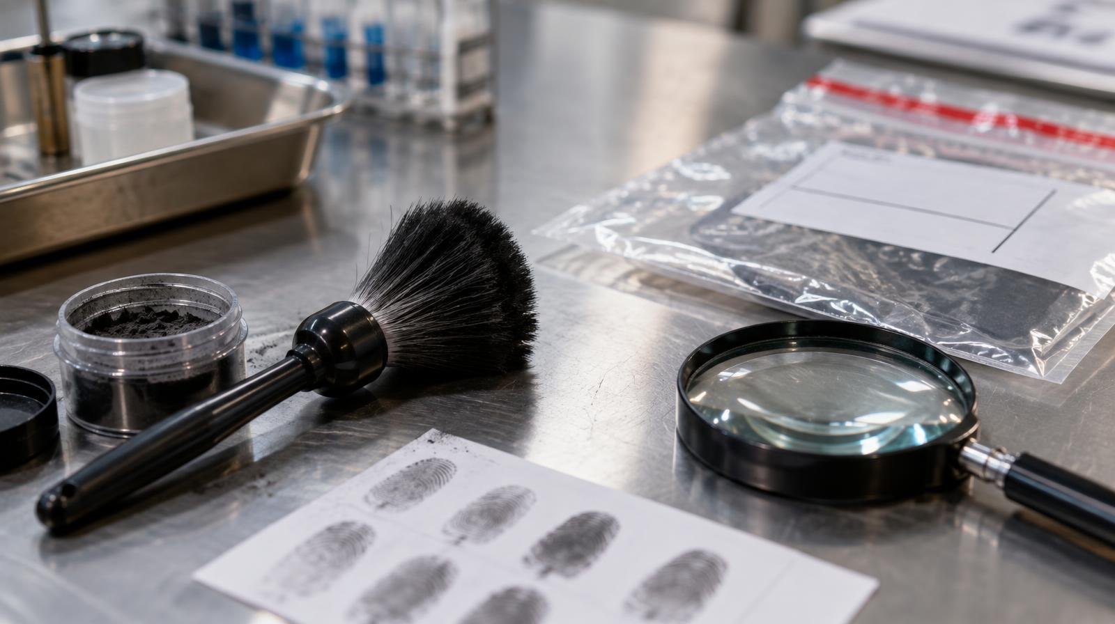 Fingerprint brush, evidence bags, and magnifying glass arranged on a stainless steel lab table.