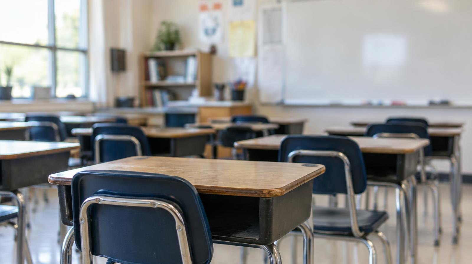Rows of empty student desks inside a bright classroom with a whiteboard.