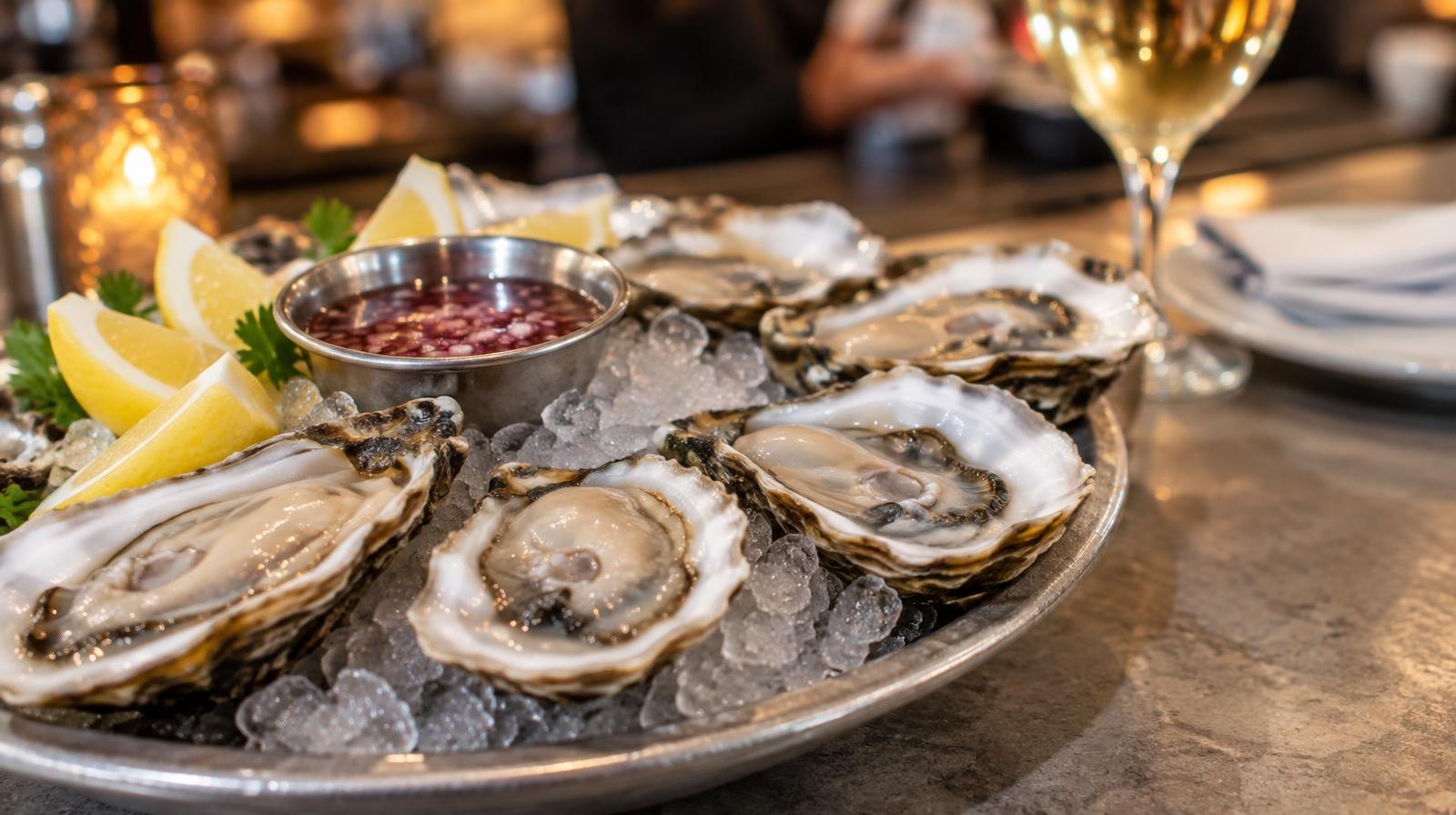 Oysters on the half shell arranged on crushed ice with lemon wedges.