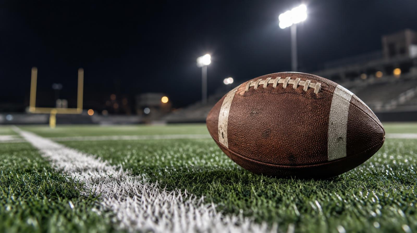 An American football on green turf beside a white yard line under bright stadium lights.