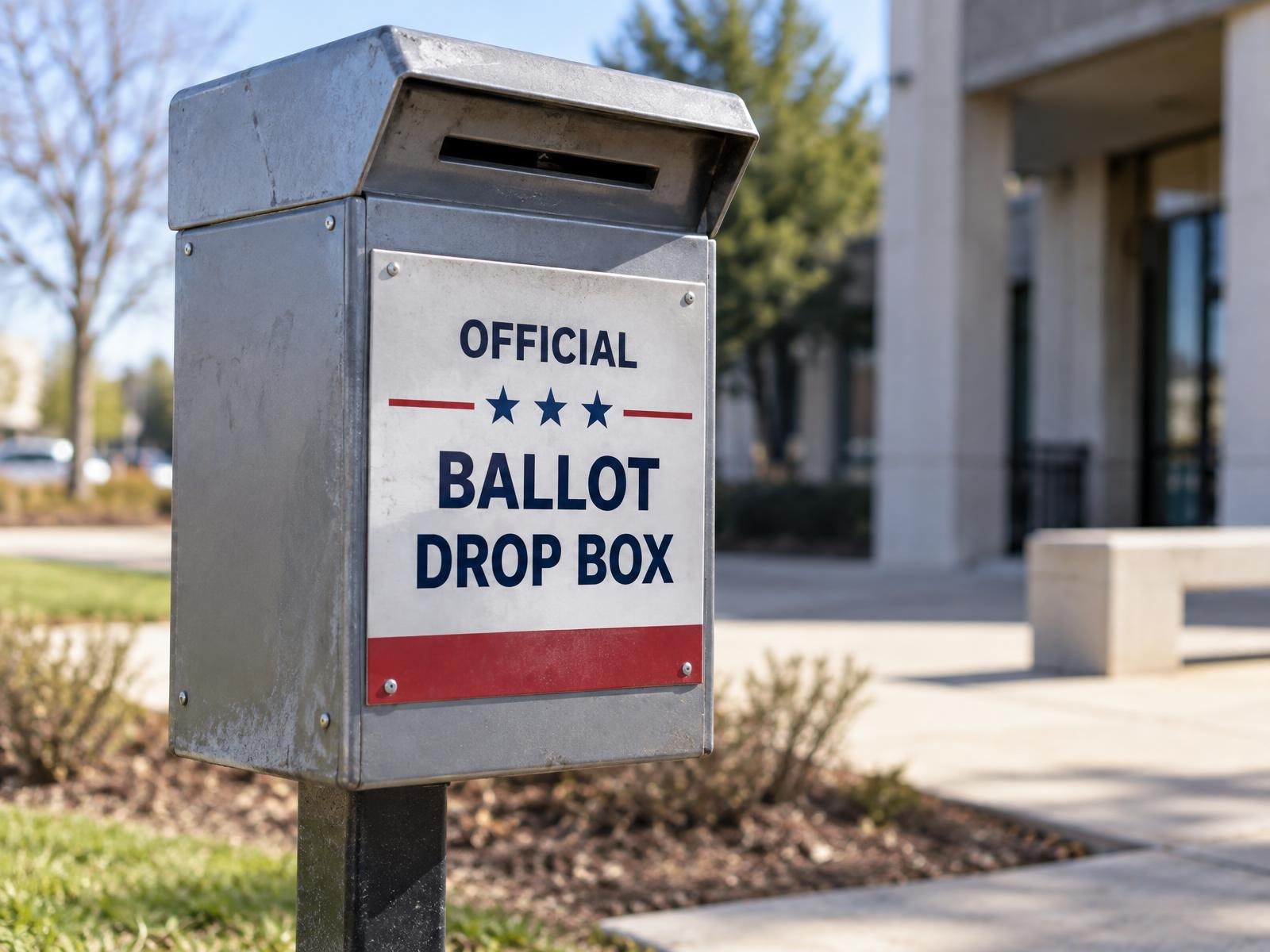 A metal ballot drop box mounted on a post outside a building under a clear sky.