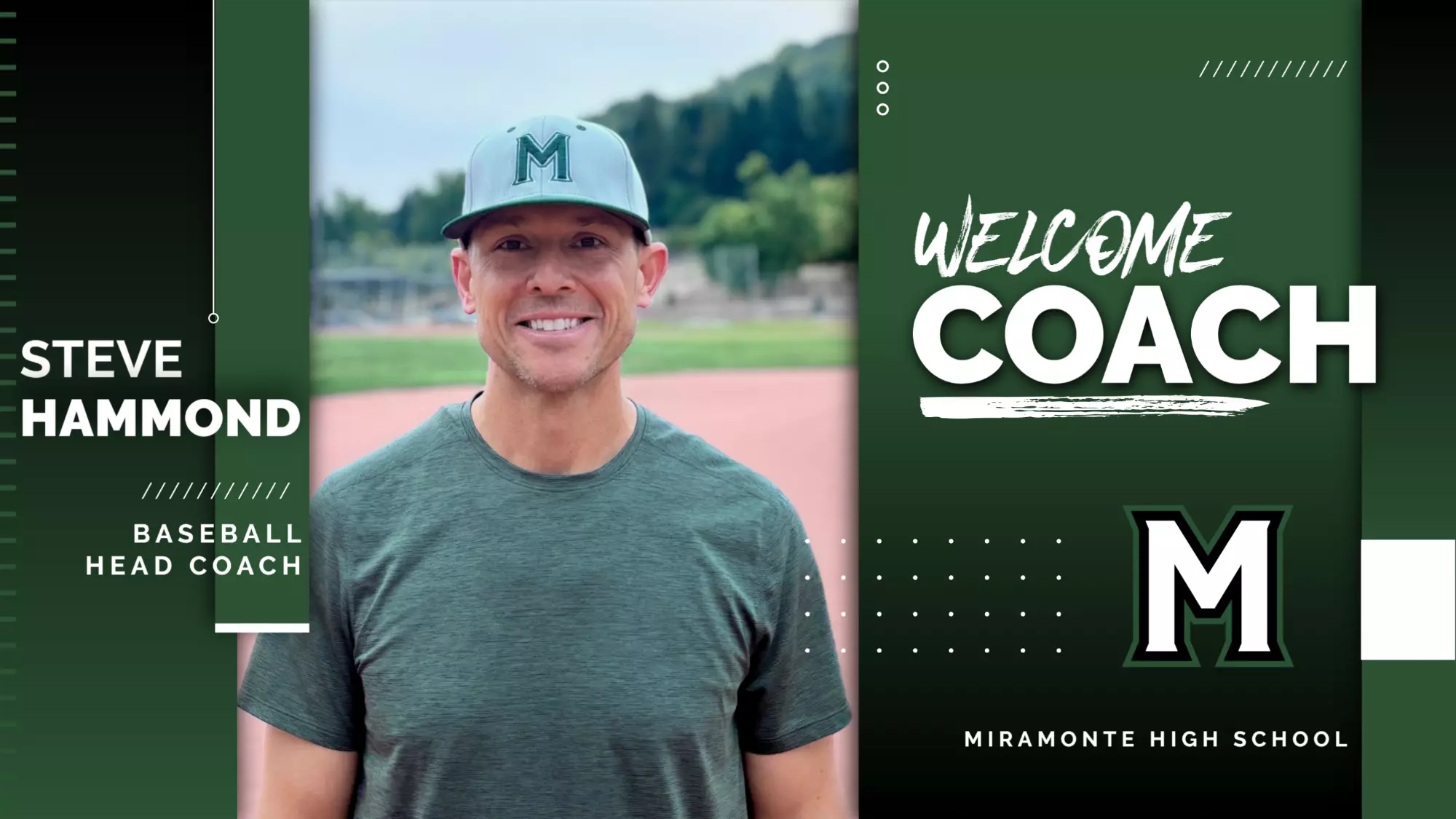 Promotional graphic welcoming a new baseball head coach, with school logo in green and white.